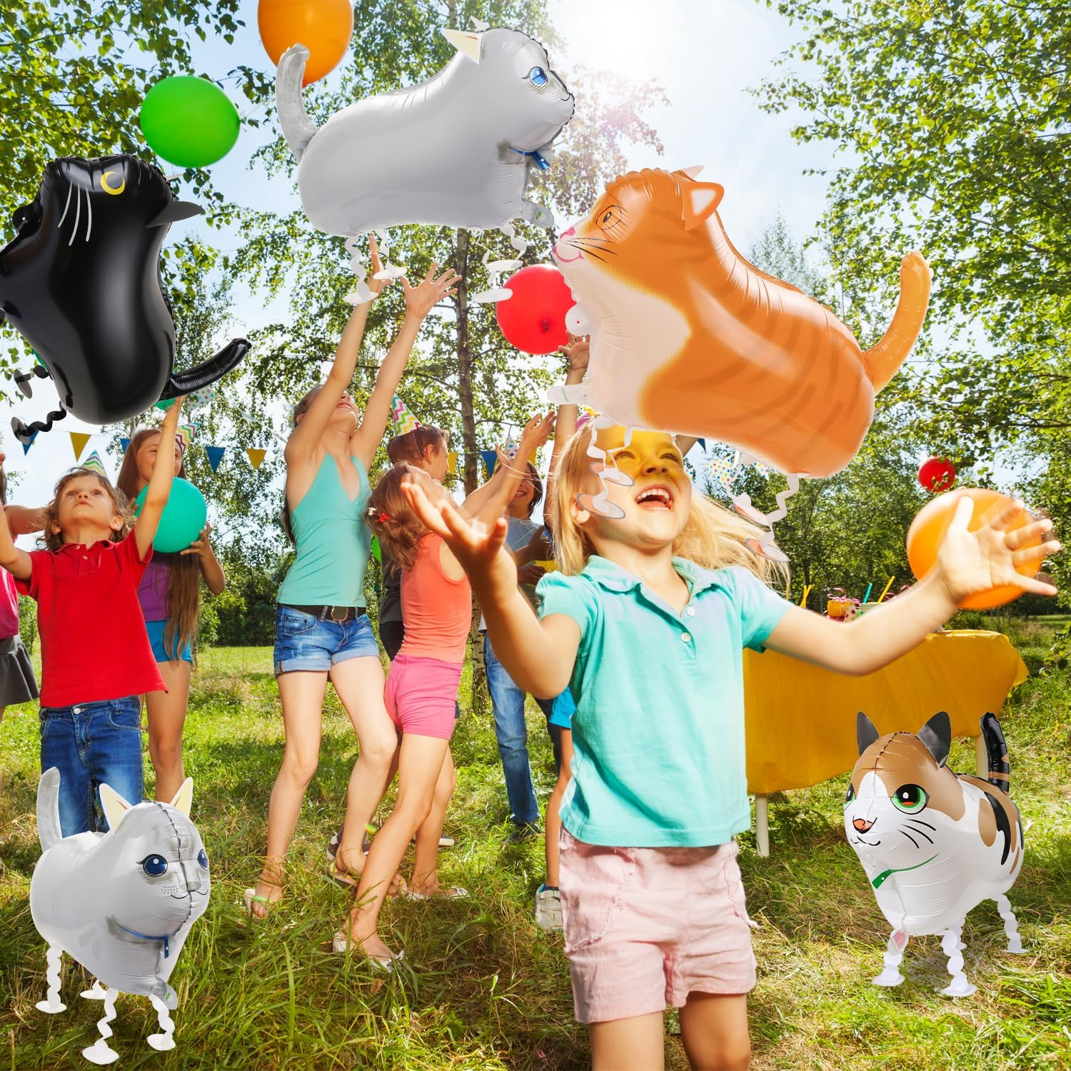 CCOZN 8 Pcs Walking Cat Balloons, Cat Mylar Balloon with 3 Ribbons Walking Animal Balloons Foil Long Balloons for Cat Theme Birthday Party Decorations Walking Cat Balloons Birthday Party Supplies image number 5