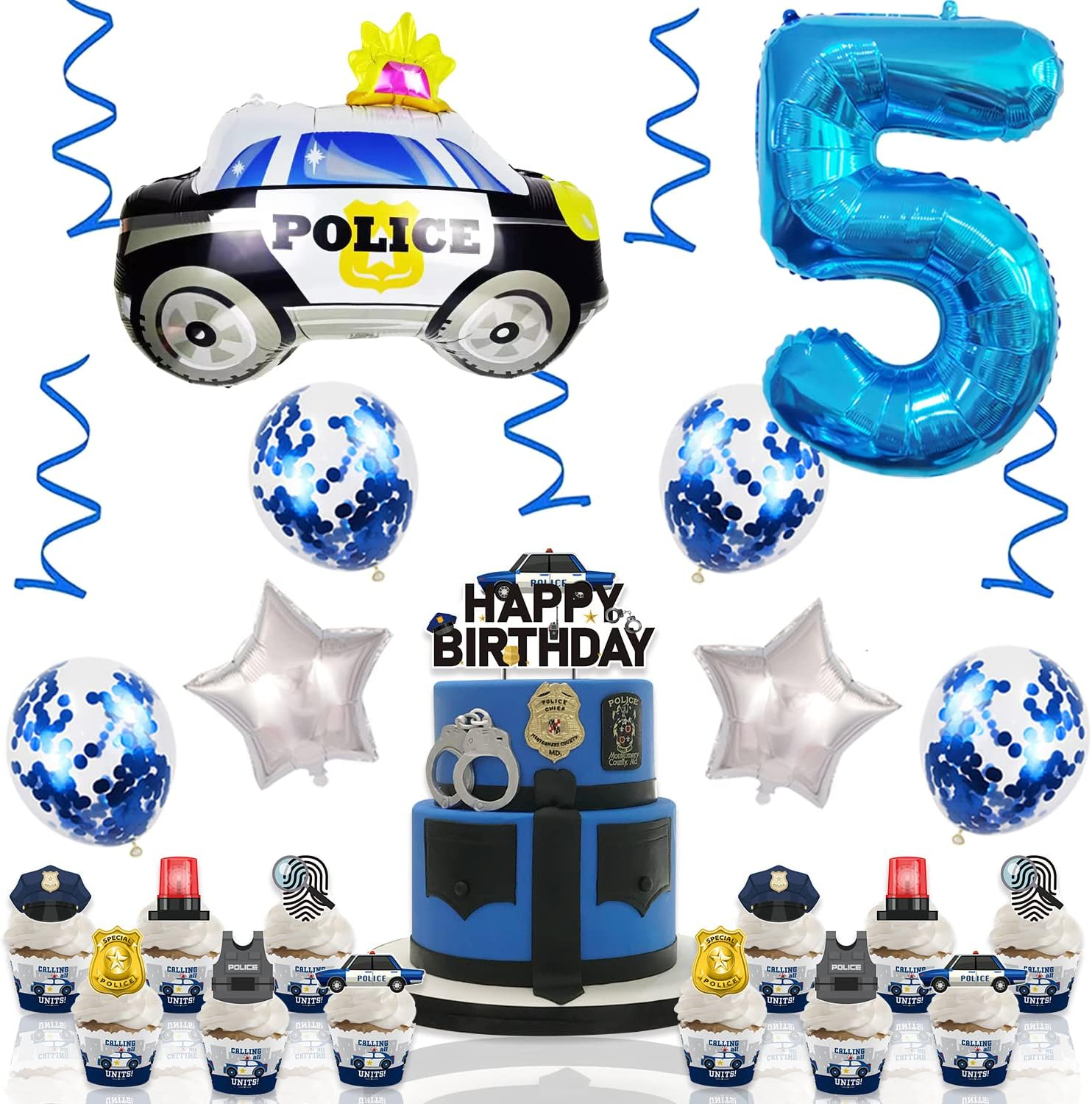 Weenkeey 5Th Police Car Birthday Balloons Giant Police Car Aluminum Foil Balloon Number 5 Mylar Balloon for Police Party Boys Birthday Decor - Blue image number 2