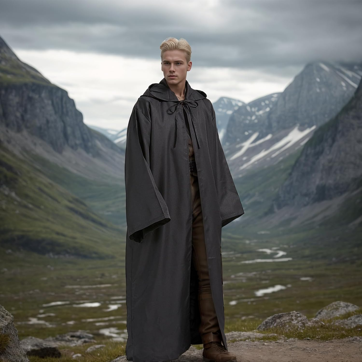 Hooded Cloak Robe Jedi Adult, Jedi Hooded Cape Costume Set with Accessories and Necklace Wizard Master Knight Robe Costume Cosplay for Halloween Masquerade Balls image number 7