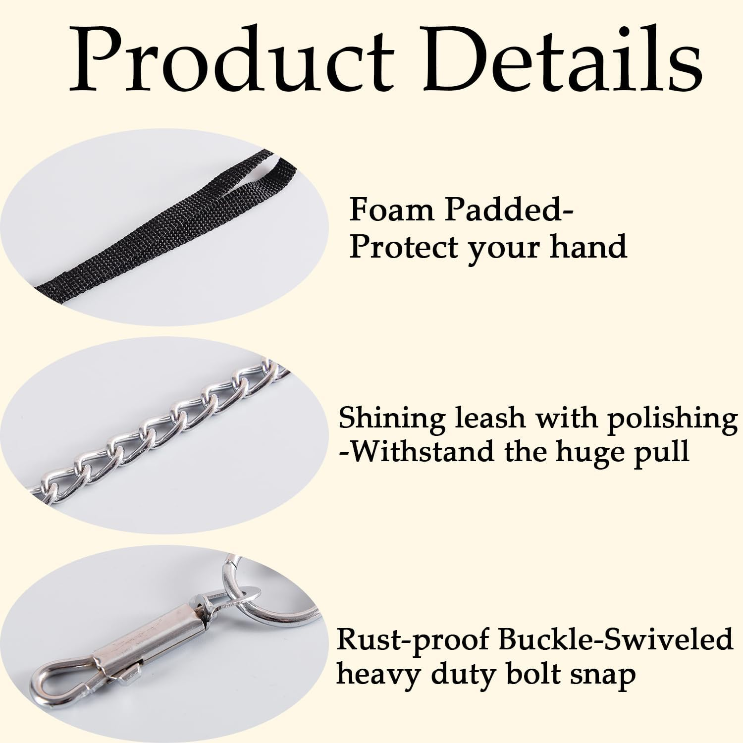 Heavy Duty Metal Dog Leash Training Leash with Padded Nylon Handle Bite Resistant Pet Leash for Large Medium Dogs 120Cm/3Mm - Black image number 5