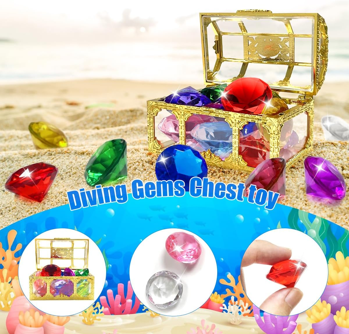 BEZANU Swimming Pool Gem Toys, 12 PCS Colorful Big Diamond Gems Pool Toys with Treasure Pirate Box for Party Favors image number 4