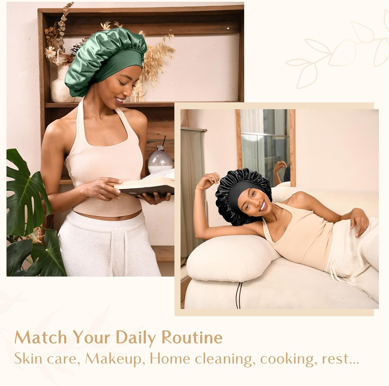 YANIBEST Silk Bonnet for Sleeping Women, Double Layer Hair Satin Bonnets with Elastic Band, Sleep Cap Curly Natural Hair, Green, One Size - Green image number 3