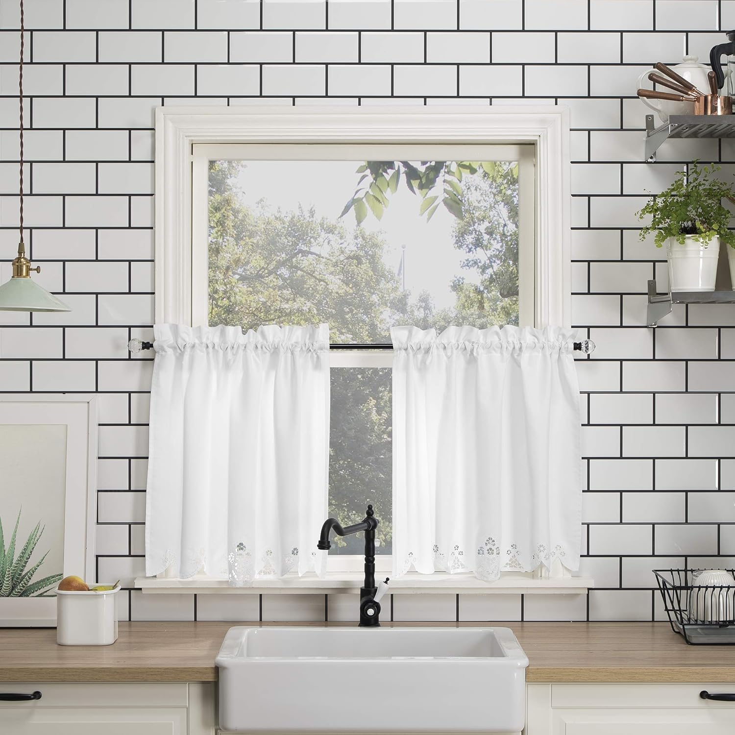 No. 918 Mariela Floral Trim Semi-Sheer Rod Pocket Kitchen Curtain Valance and Tiers Set, 58" X 24", White image number 5