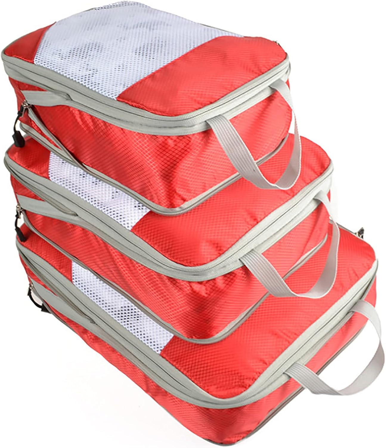 OEIPSMK Packing Cubes for Travel, Compression Packing Cubes 3 Pcs Travel Cubes Set Foldable Suitcase Organizer Lightweight Luggage Storage Bag,Red, Gray