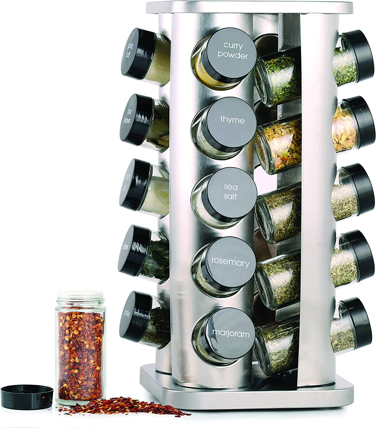Orii 20 Jar Dark Acacia Wood Spice Rack with Spices Included - Rotating Tower Organizer for Kitchen Spices and Seasonings, Free Spice Refills for 5 Years (Dark Stained Acacia Wood)