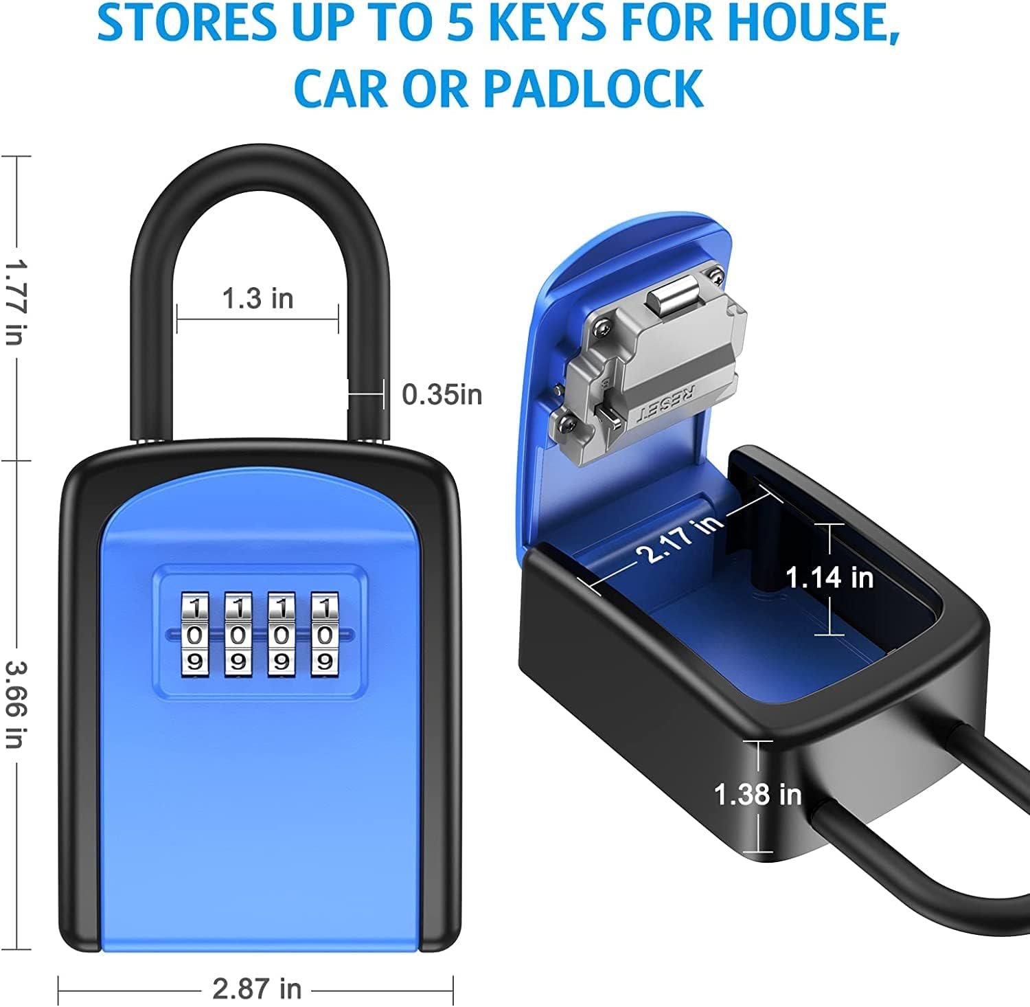 Key Lock Box, Wall Mounted Key Safe Box, Weatherproof 4 Digit Combination Key Storage Lock Box, 5 Keys Capacity with Removable Shackle for Indoor Outdoor, Small Size 3.66Inch - Blue image number 4