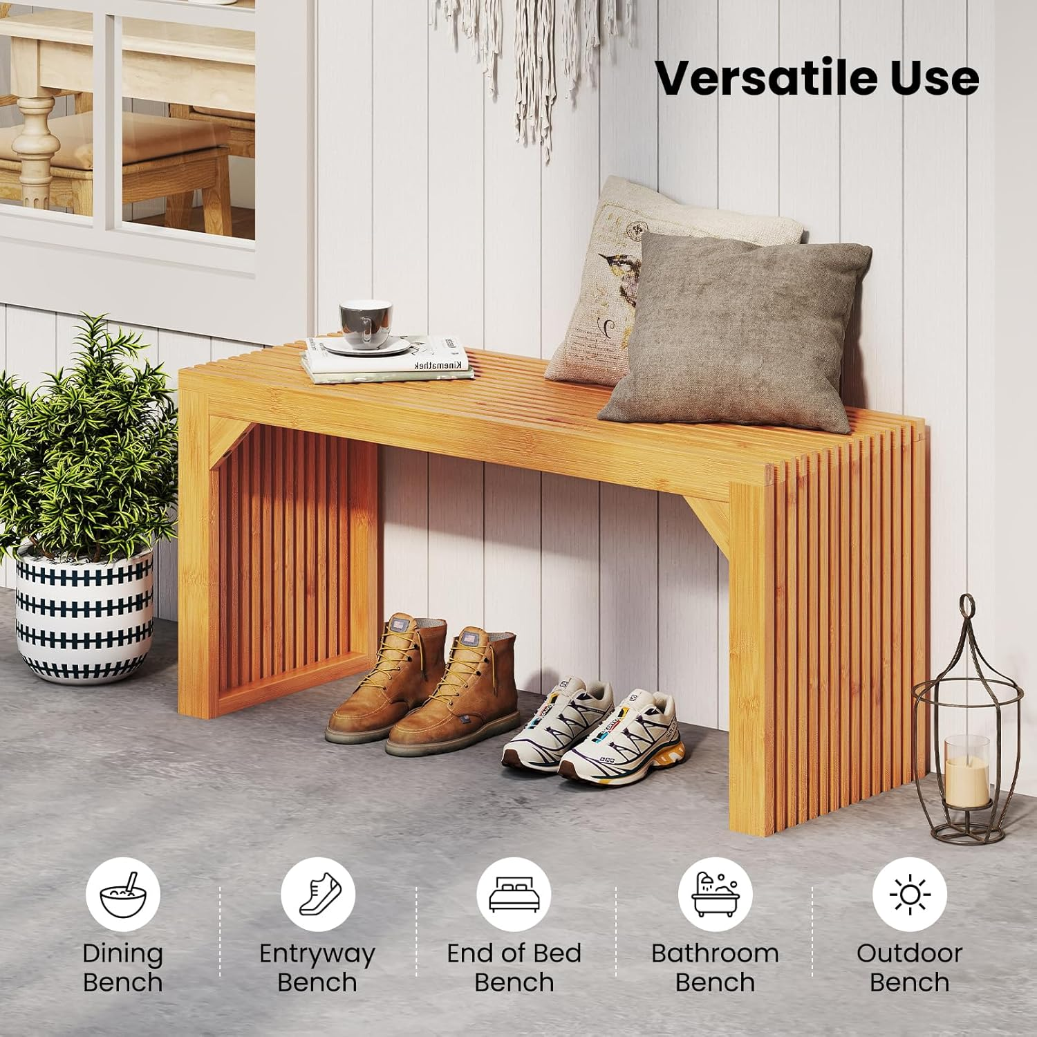 Giantex Bamboo Dining Bench, 90CM Long Entryway Bench, Indoor Outdoor Solid Wood Bench, Farmhouse Modern Seating Furniture for Dining Living Room Kitchen Bedroom Bathroom Hallway Front Door End of Bed image number 2