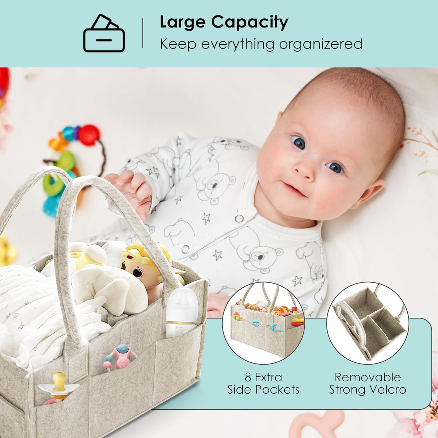 Diaper Caddy Organiser with Handle- 2-Pack Foldable Nursery Tote Storage Bin & Car Organiser for Diapers, Wipes, and Baby Essentials -Portable Car Travel Organizer Toys Storage Bag with Multi Pockets image number 1