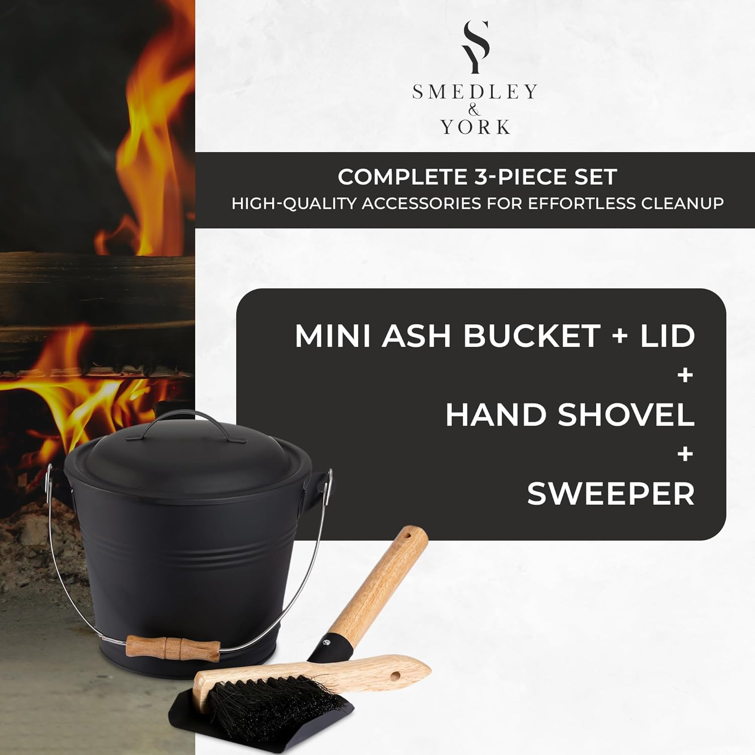 Smedley & York Mini Ash Bucket with Lid, Includes Fireplace Tools, Pail, Shovel and Broom, 1.5 Gallon Charcoal Metal Bucket with Lid, Coal Bucket and Ash Can, Galvanized Iron Ash Bucket for Fireplace image number 4