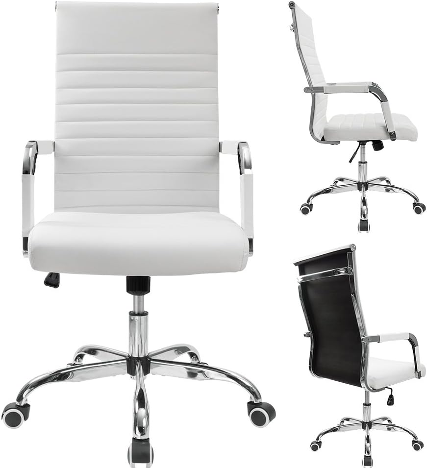Ribbed Office Desk Mid-Back Pu Leather Executive Conference Task Adjustable Swivel Chair with Arms, White - Grey image number 3