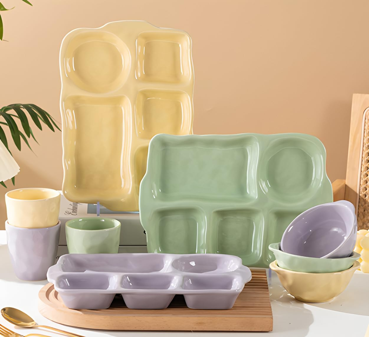 Ceramic Divided Plate, Green 5 Compartment Rectangular Dinner Plate, Precise Portion Control, Dalanced Nutrition, Oven and Microwave Safe, Suitable for All Occasions image number 4