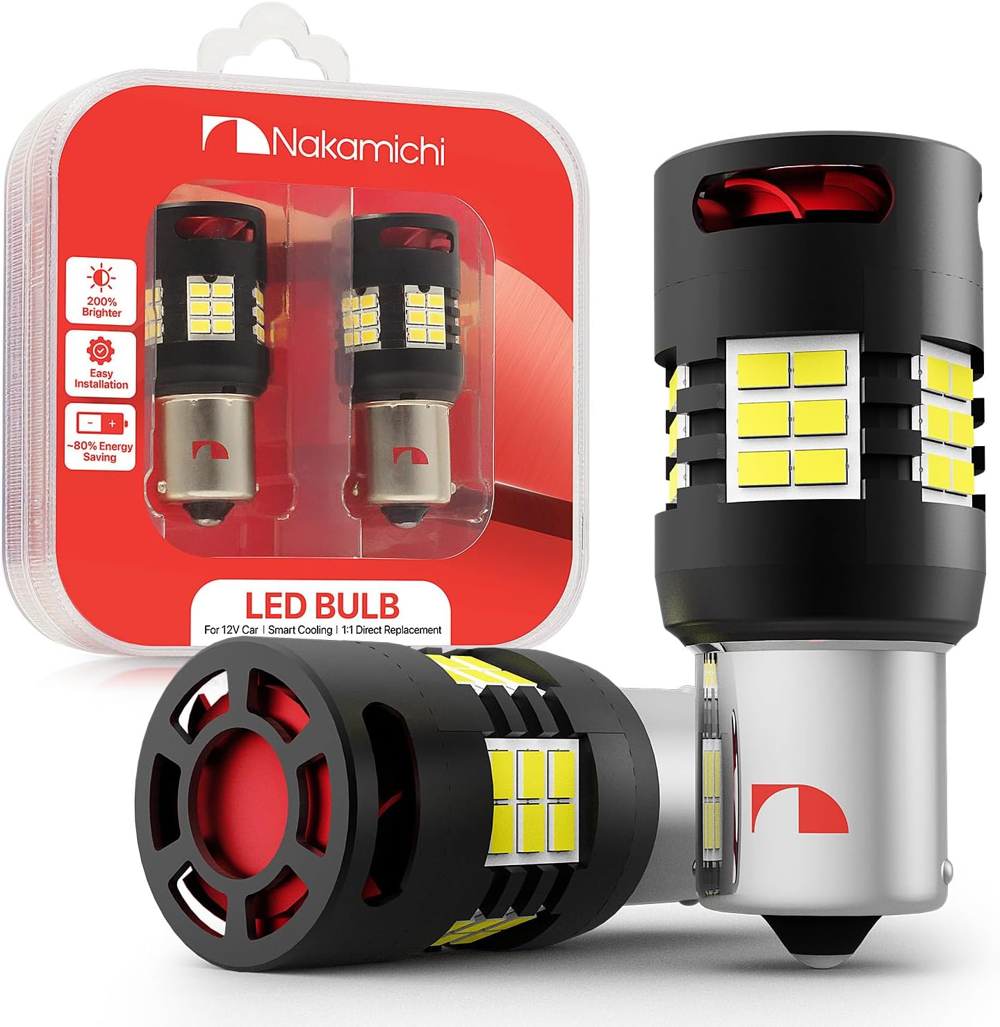 Nakamichi 1157 7528 P21/5W BAY15D Car LED Bulb Super Bright 30-SMD 3020 Chip with Canbus Error-Free 12,000 RPM Fan for Brake Turn Signal Indicator Parking Tail Light (Monza Red, 30 Leds, Pack of 2)