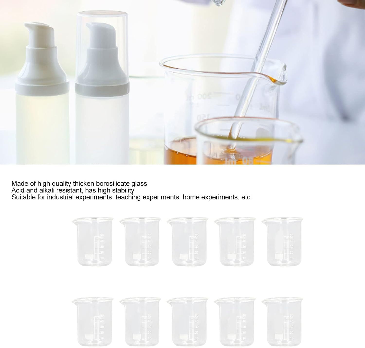 Glass Beaker, 10Pcs 50Ml Lab Beakers Glass Graduated Beaker Set, Professional Borosilicate Glass Measuring Beakers for Laboratories Classrooms image number 1