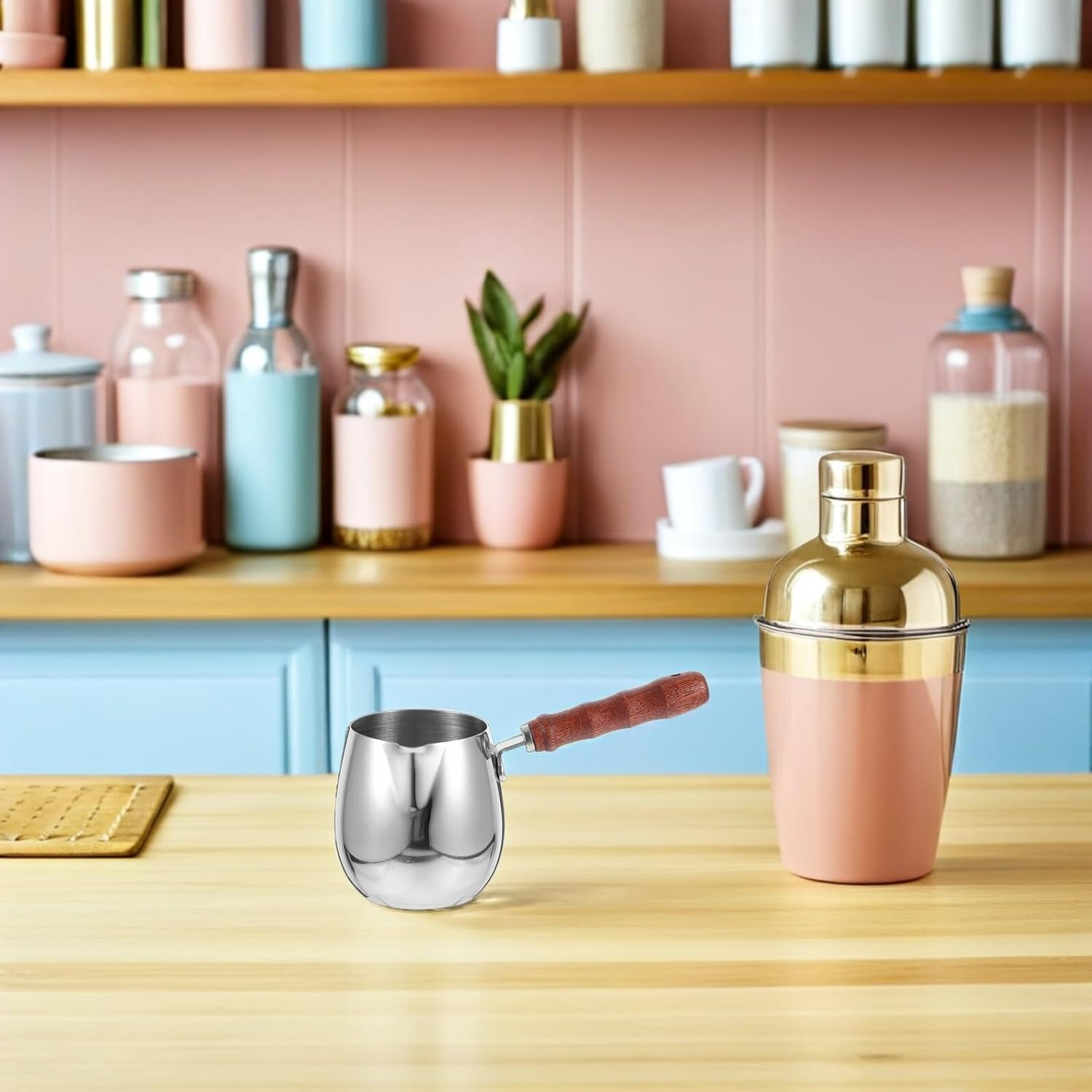 SEWACC 2Pcs Stainless Steel Turkish Coffee Pot with Wooden Handle 300Ml, Milk Warmer and Espresso Pot for Household and Camping Use, Small Coffee and Butter Melting Kettle image number 1