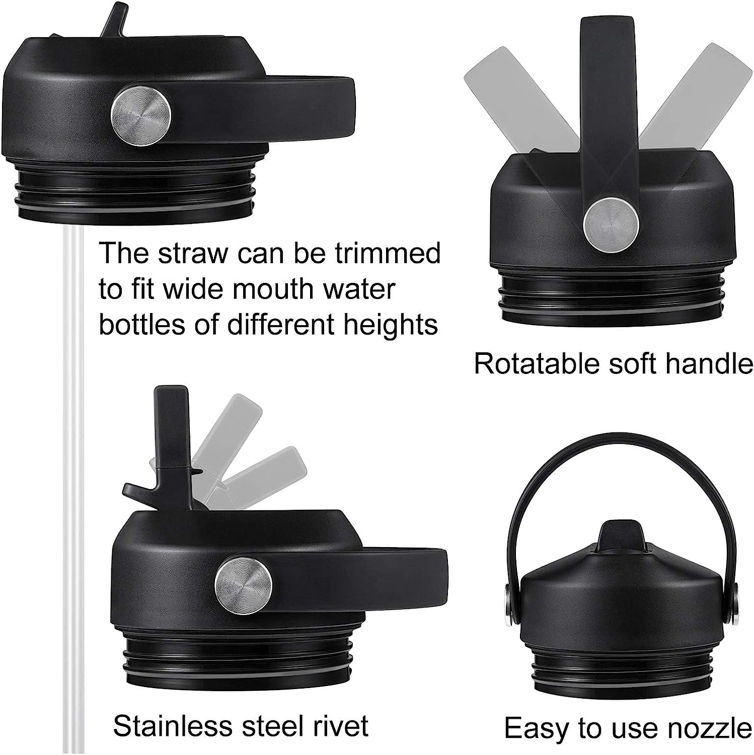 Straw Lid for Yeti Rambler 18 26 36 64 Oz, Lid with Straws and Flexible Handle, Replacement Cap for Yeti 18Oz 26Oz 36Oz 64Oz Rambler Water Bottle Straw Cap, Black image number 5