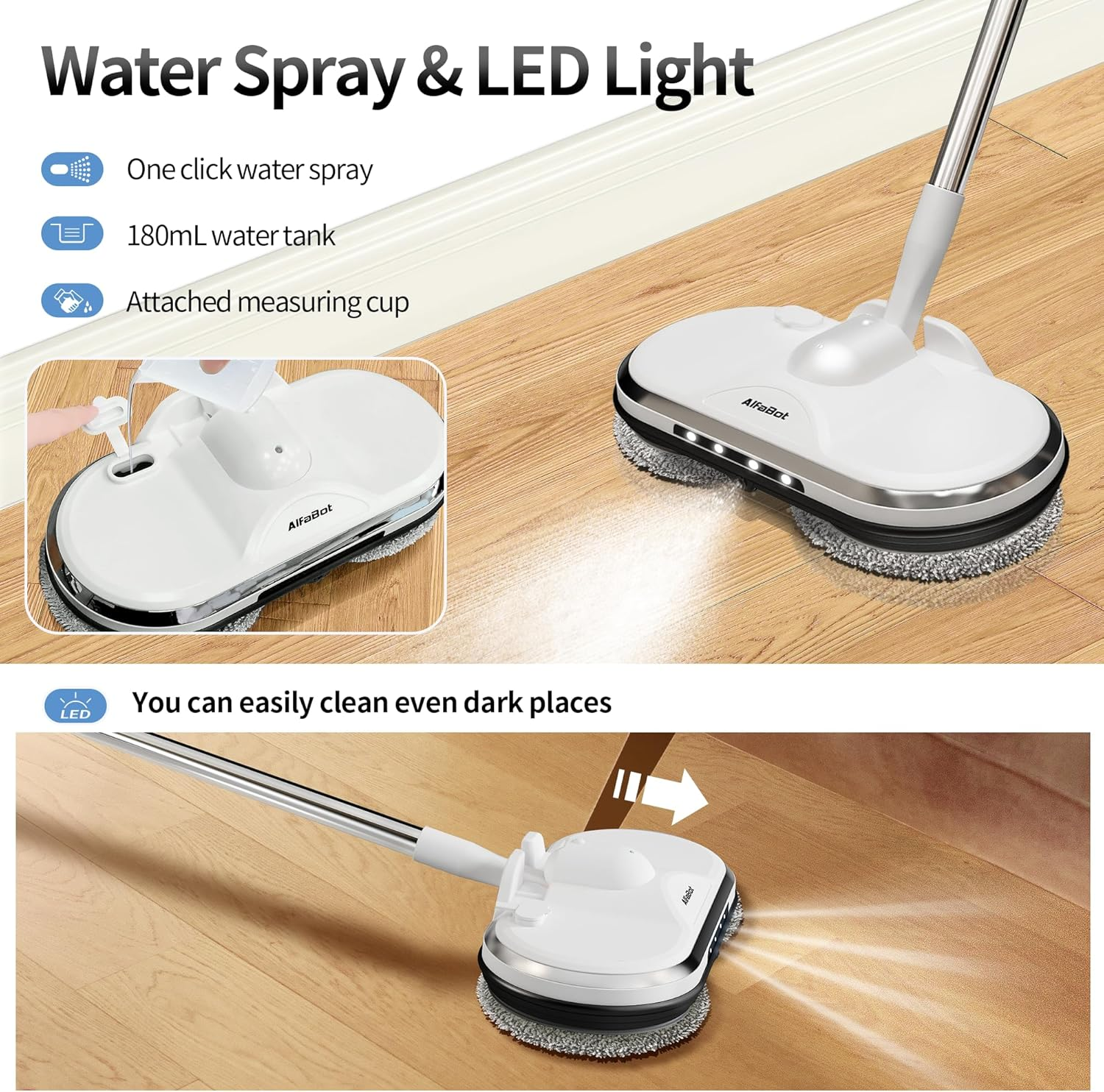 Alfabot WS-24 Cordless Electric Mop, Electric Spin Mop for Floor Cleaning, with Lightweight & Rechargeable Floor Cleaner with Water Sprayer and LED Headlight for Hardwood and Tile Floors, White