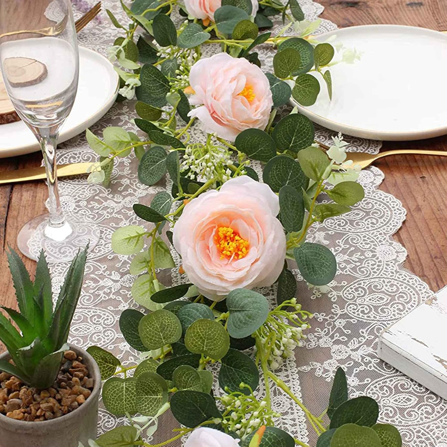 Qeunrtiy 2 Pack Eucalyptus Garland with Champagne Rose, Greenery Garland Bulk Artificial Silk Floral Eucalyptus Leaves Vines(B) image number 6