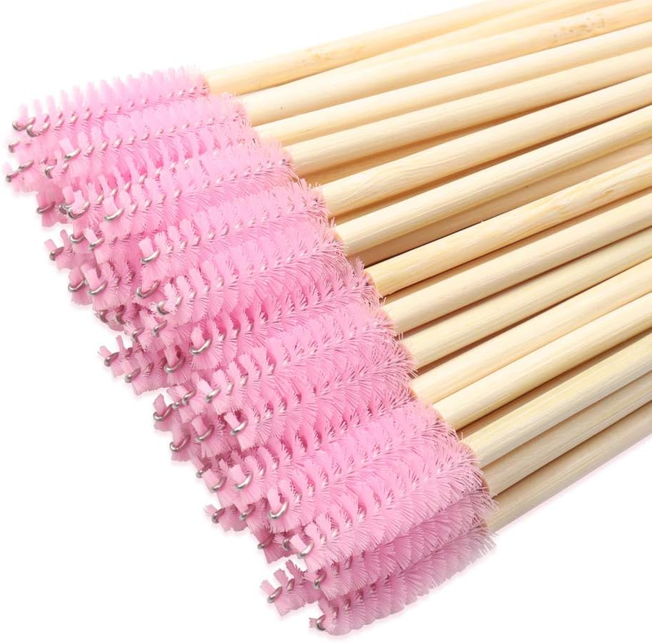 Myaokue-Up 100 Pack Bamboo Handle Mascara Wands Disposable Eyelash Brushes Lash Extension Tool, Pink - Blue image number 2