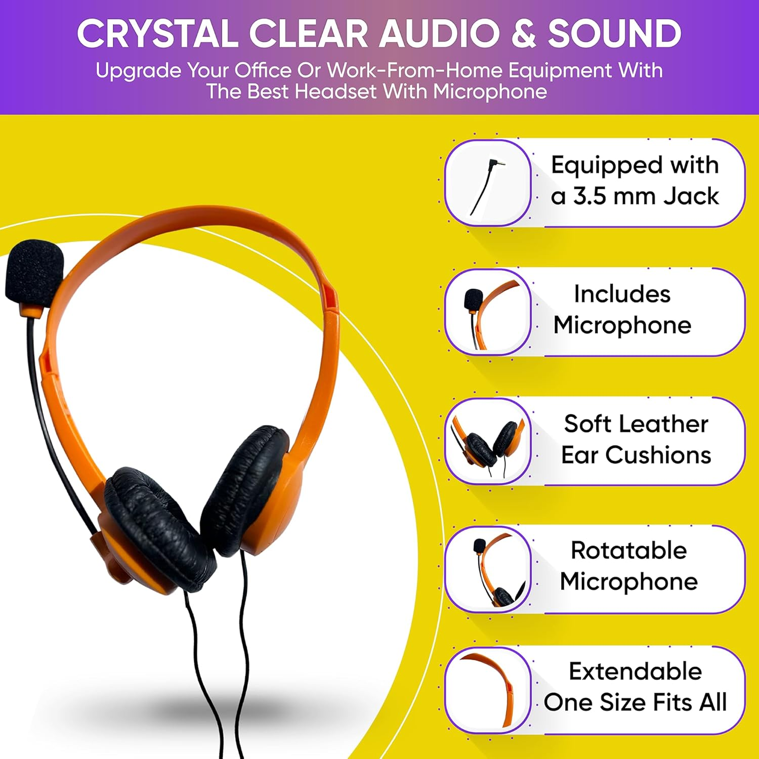 5 Pack Bulk Wired On-Ear Leather Headsets with Boom Microphone and 3.5Mm Connector, Black image number 6