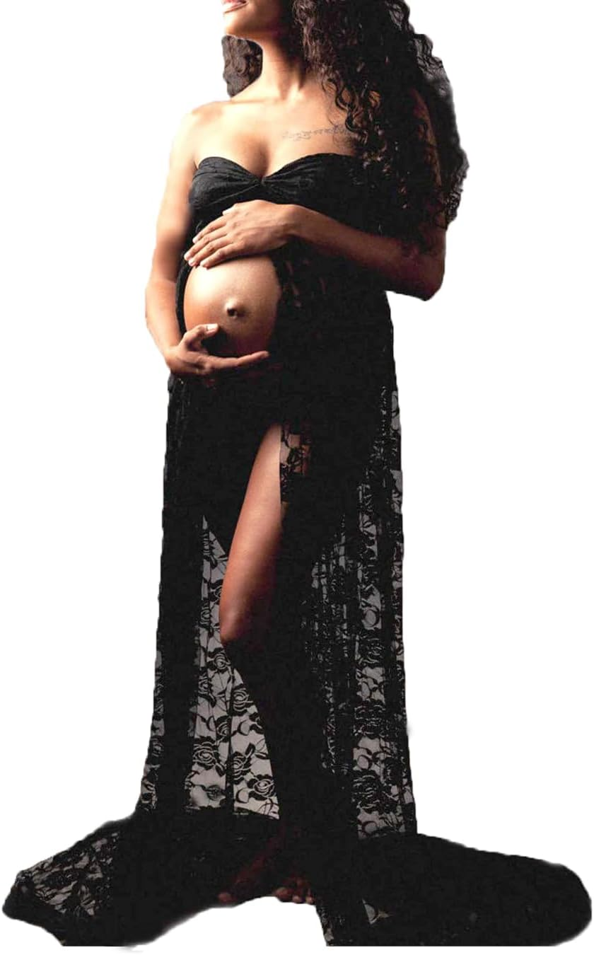 VSNOW Maternity off Shoulder Lace Photography Dress Front Split Sleeveless Maxi Chiffon Gown for Photoshoot
