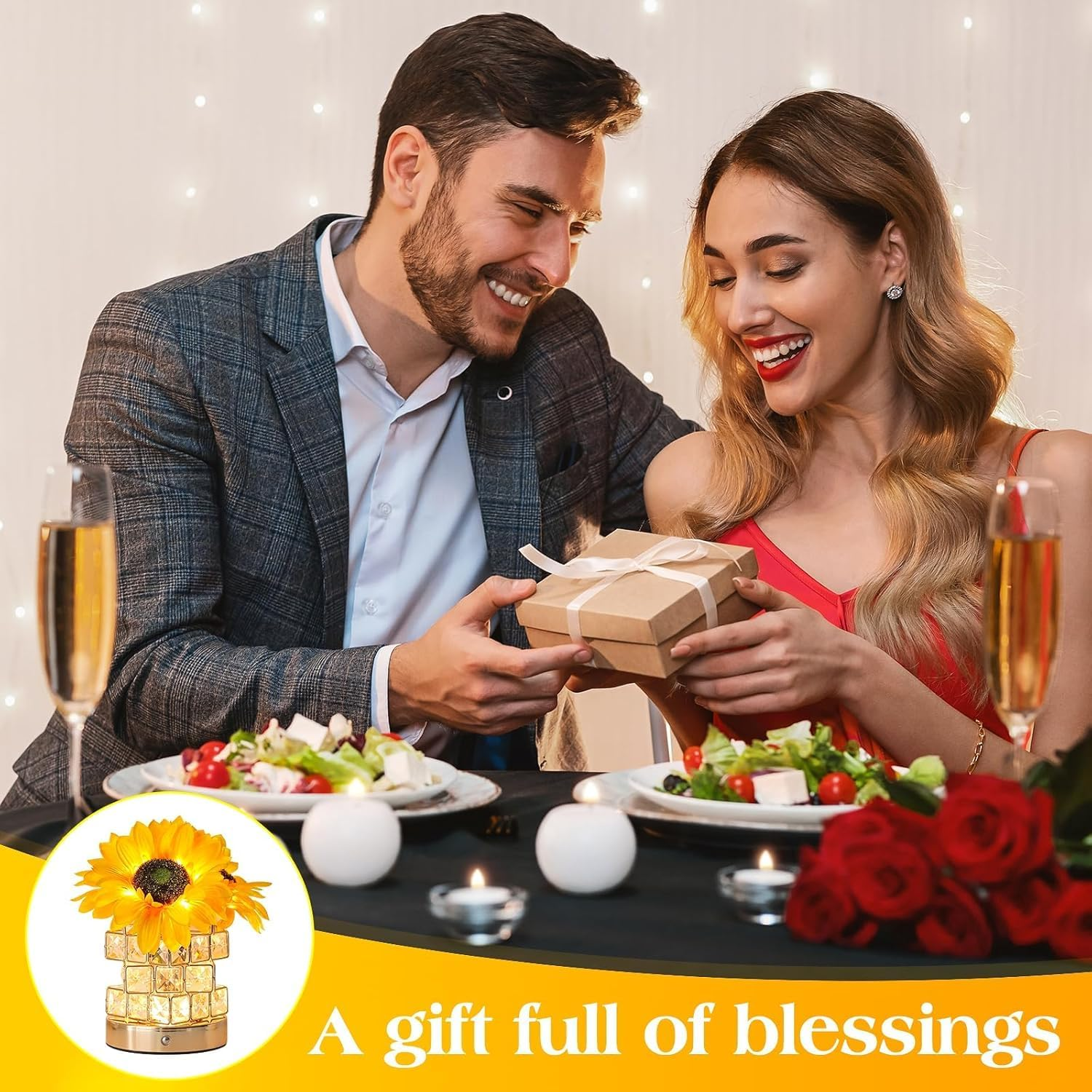 Sunflowers Flower Lamp, USB Rechargeable Cordless Lamp, 3 Colours Infinitely Dimming Small Night Light, with Artificial Crystal Vase, Festival Restaurant Bedroom Birthday Gifts for Women Mom (Yellow) image number 5