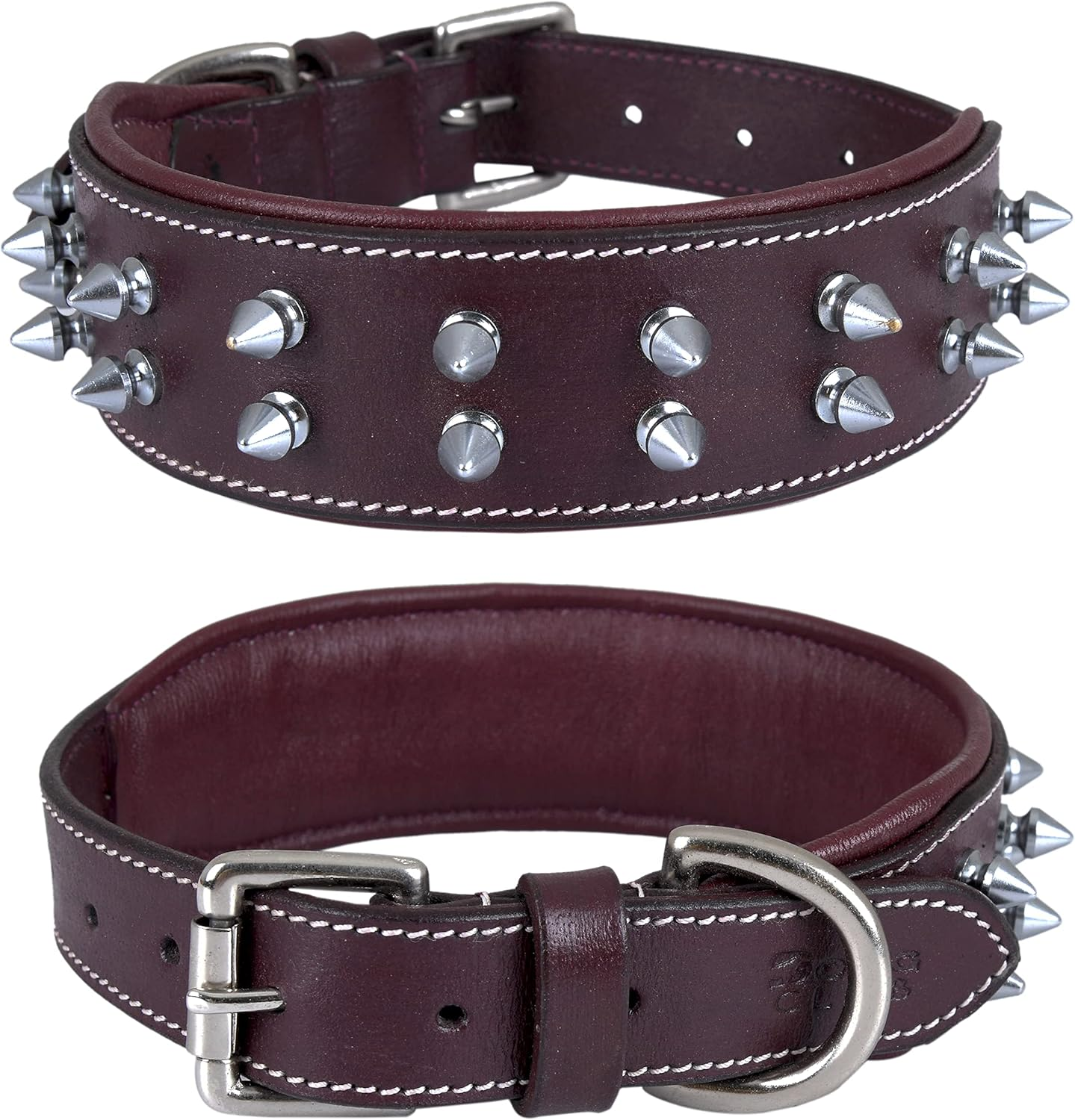 Dowgclub | Genuine Leather Spiked Dog Collar | Full Grain, Heavy Duty | Comfortable, Strong, Best for Medium, Large, XL Breeds | (L (Fit Neck Size 18.5"-22.5"), Brown with Gold Spikes)