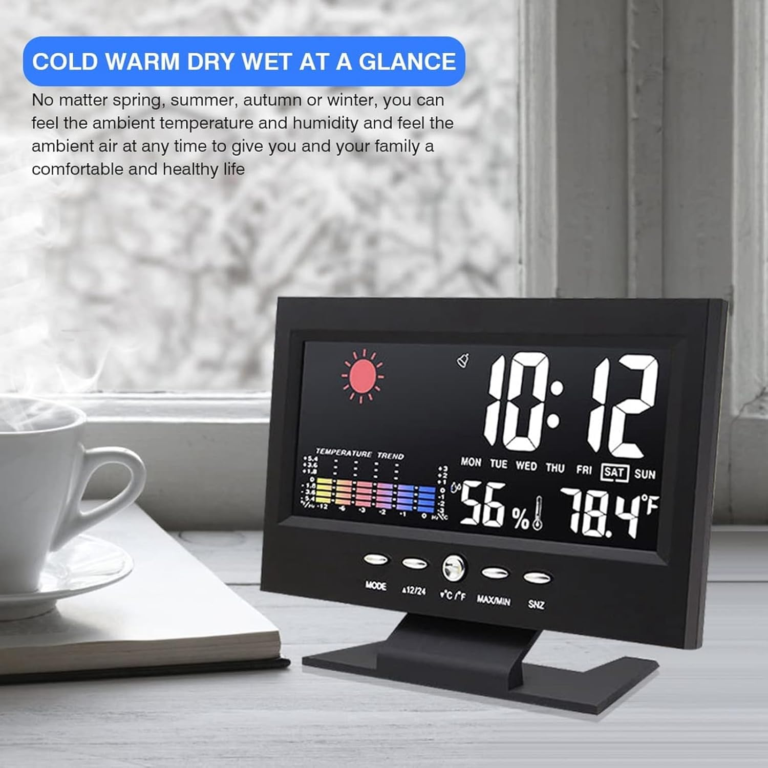 Indoor Outdoor Thermometer, Weather Forecast Clock ABS LED Color Screen Multifunctional Temperature Humidity Alarm Clock image number 3