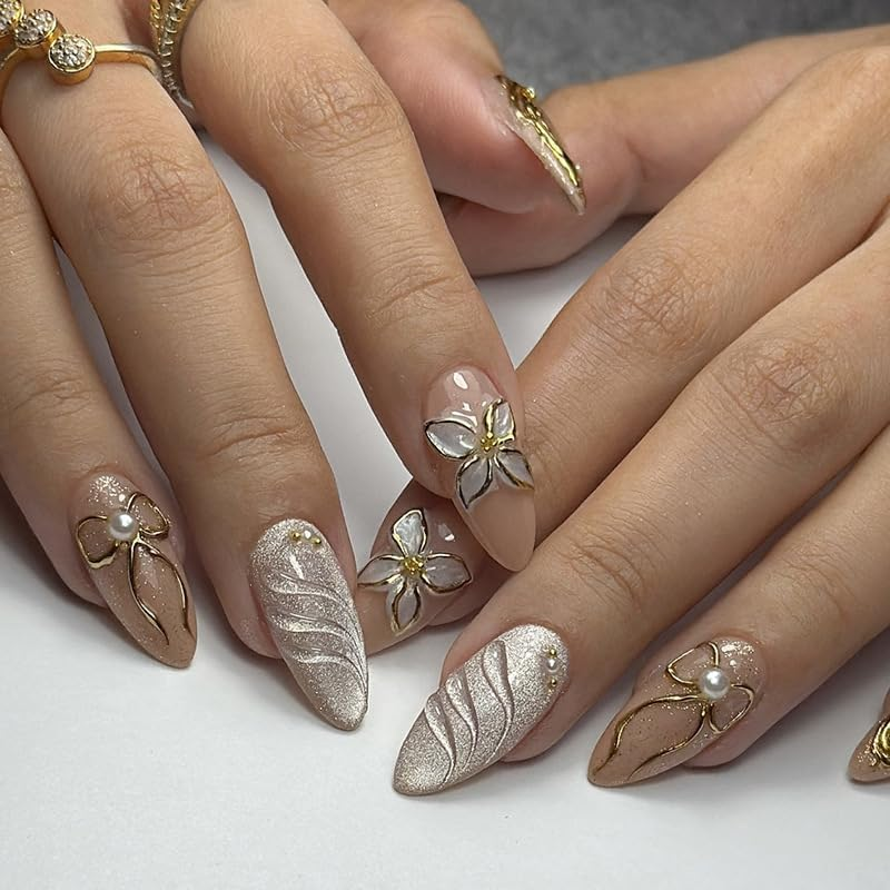 LYMCY Press on Nails, 3D Gilded Outline Flowers, Pearls, Bow, and Pearlescent Waves Fake Nails, Artificial Nails for Women and Girls -24 Pcs image number 2