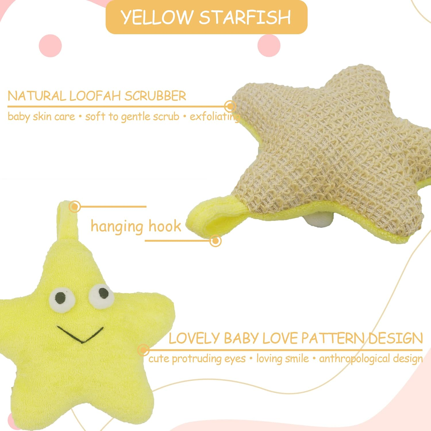 Bleu Bath (2 Pack) Animal Body Scrubber Natural Linen Shower Ball for Toddler Kids Gentle Exfoliating Bath Sponge Loofah Pouf in Yellow Starfish Red Crab with Cute Big Eyes Design image number 3