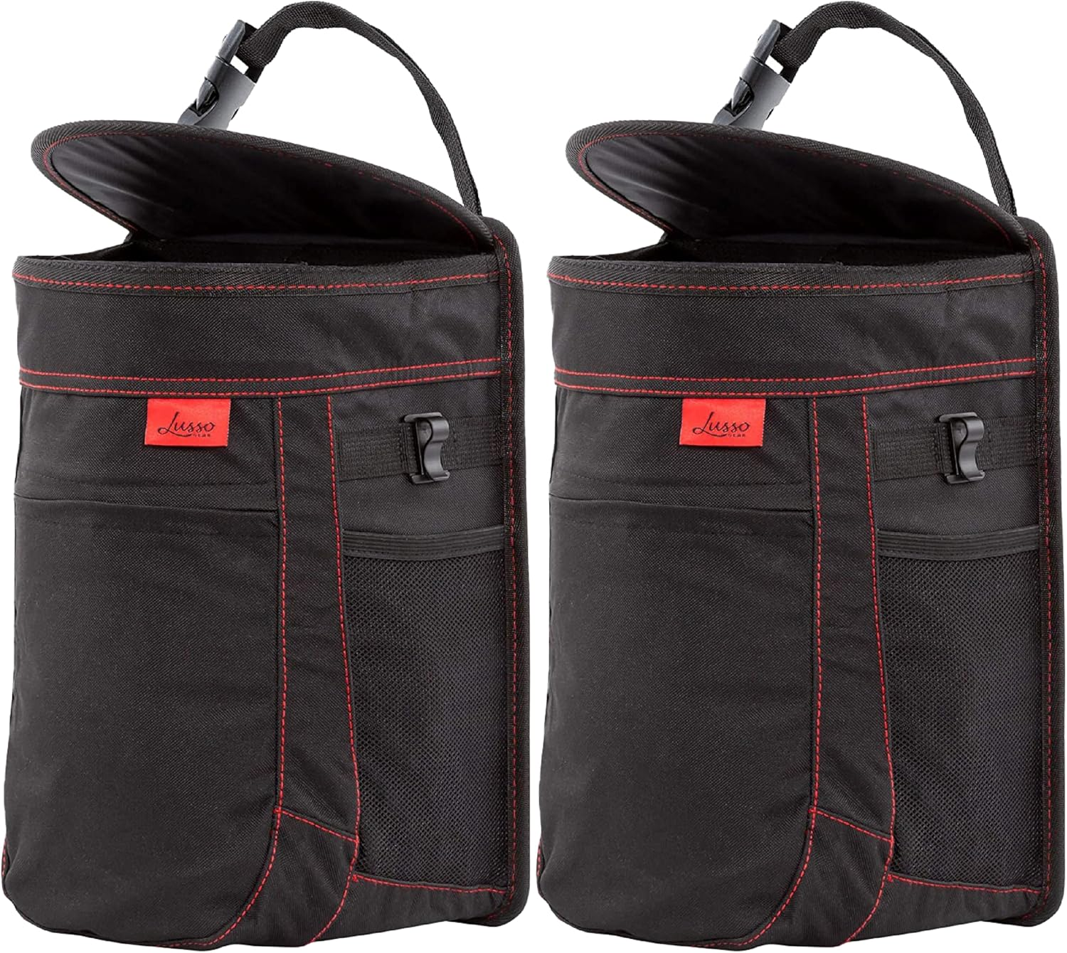 Lusso Gear Car Trash Can with Lid and Removeable Liner, Hanging Car Trash Bag with Hooks, Waterproof Fabric Car Garbage Bin, Automotive Travel, Trashcan Car Accessories, for Truck Van and SUV (Tan)