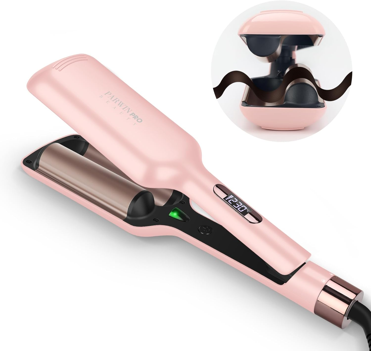 2 Barrel Hair Crimper Waver for Hair, 32MM Waver Curling Iron for Large and Beach Curls, PARWIN PRO BEAUTY Beach Waves Curling Wand with 4 Adjustable Temperatures, Instant Waves (Pink) image number 2