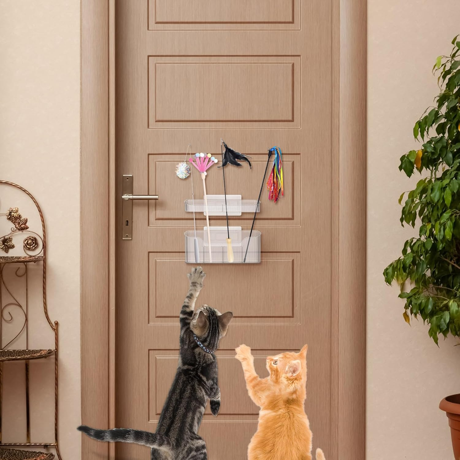 OGA Cat Wand Toy Storage Hanging Holder Cat Wand Toy Basket Cat Wand Storage Rack for Organizing Feather for Cat, Cat Accessories for Indoor Cats, Kitten Accessories, Cat Storage Basket, Clear image number 4