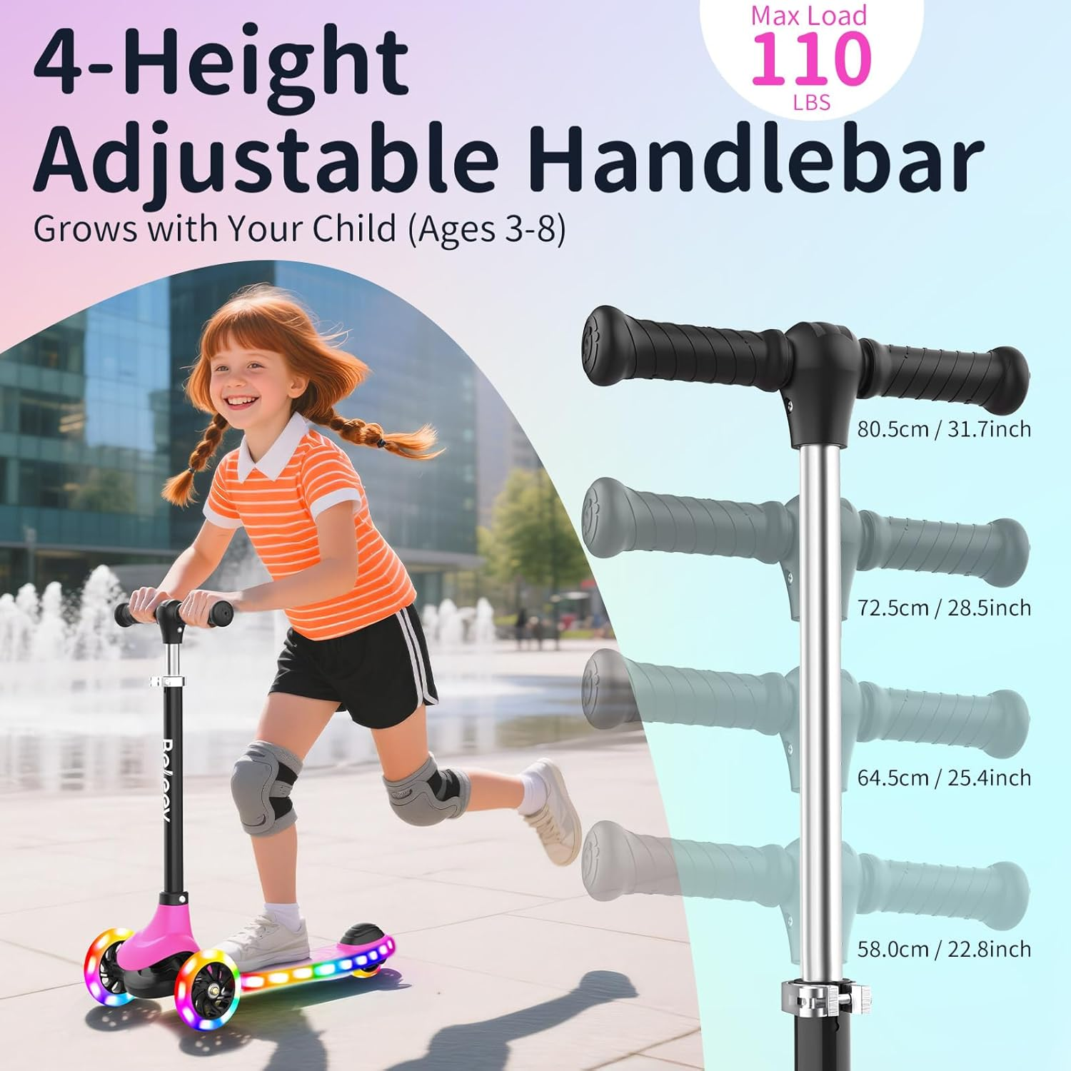 BELEEV A6 Kids Scooter with Light-Up Wheels & Deck, 3 Wheel Scooters for Girls Boys Ages 3-8, 4 Adjustable Height, Lean to Steer, Non-Slip Deck, Toddler Scooter for Children image number 1