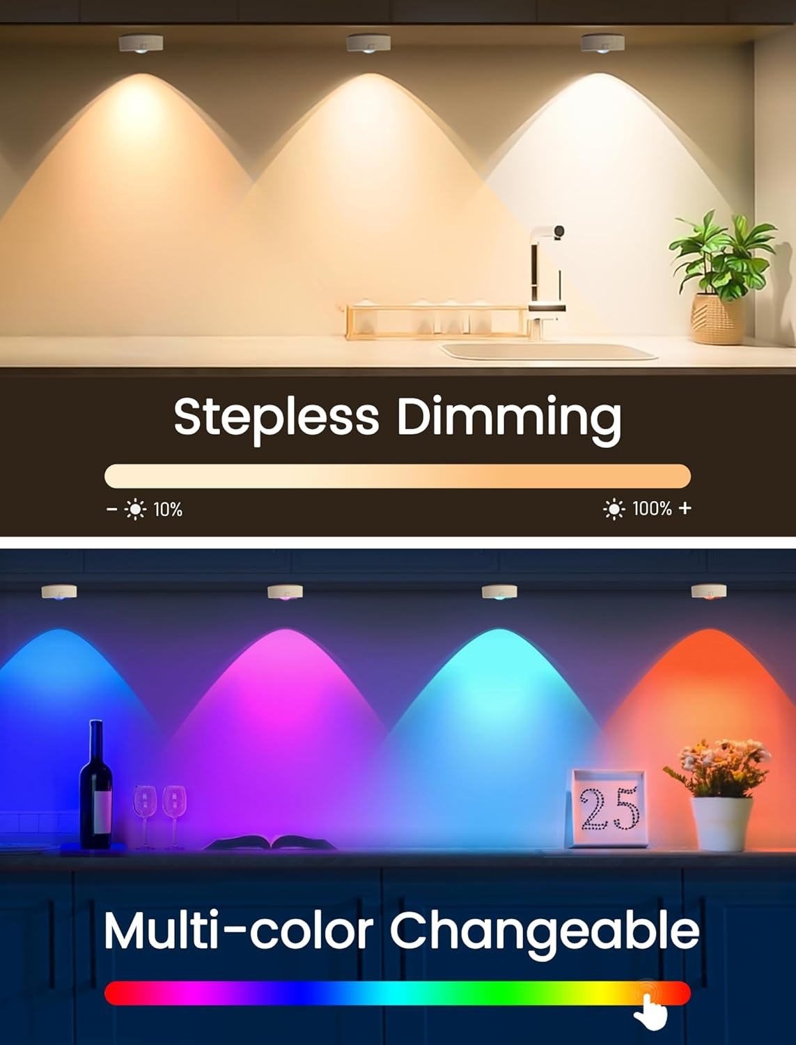 MERTTURM Rechargeable LED Cupboard Light, USB Wireless RGB Puck Light, Battery Operated Shelf Display Cabinet Light, Dimmable Stick on Wall Light with Remote Control/Timer for Wardrobe/Kitchen-3 Pack image number 2