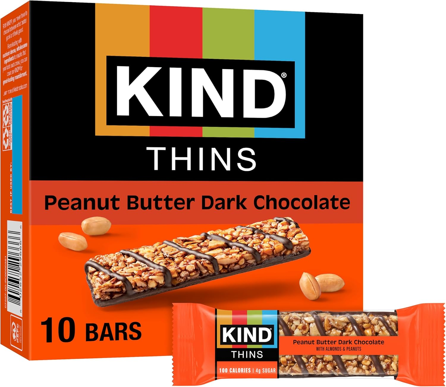 KIND Thins Peanut Butter Dark Chocolate Bars, Gluten Free, 100 Calories, 0.74 Oz Bars, 10 Count image number 1