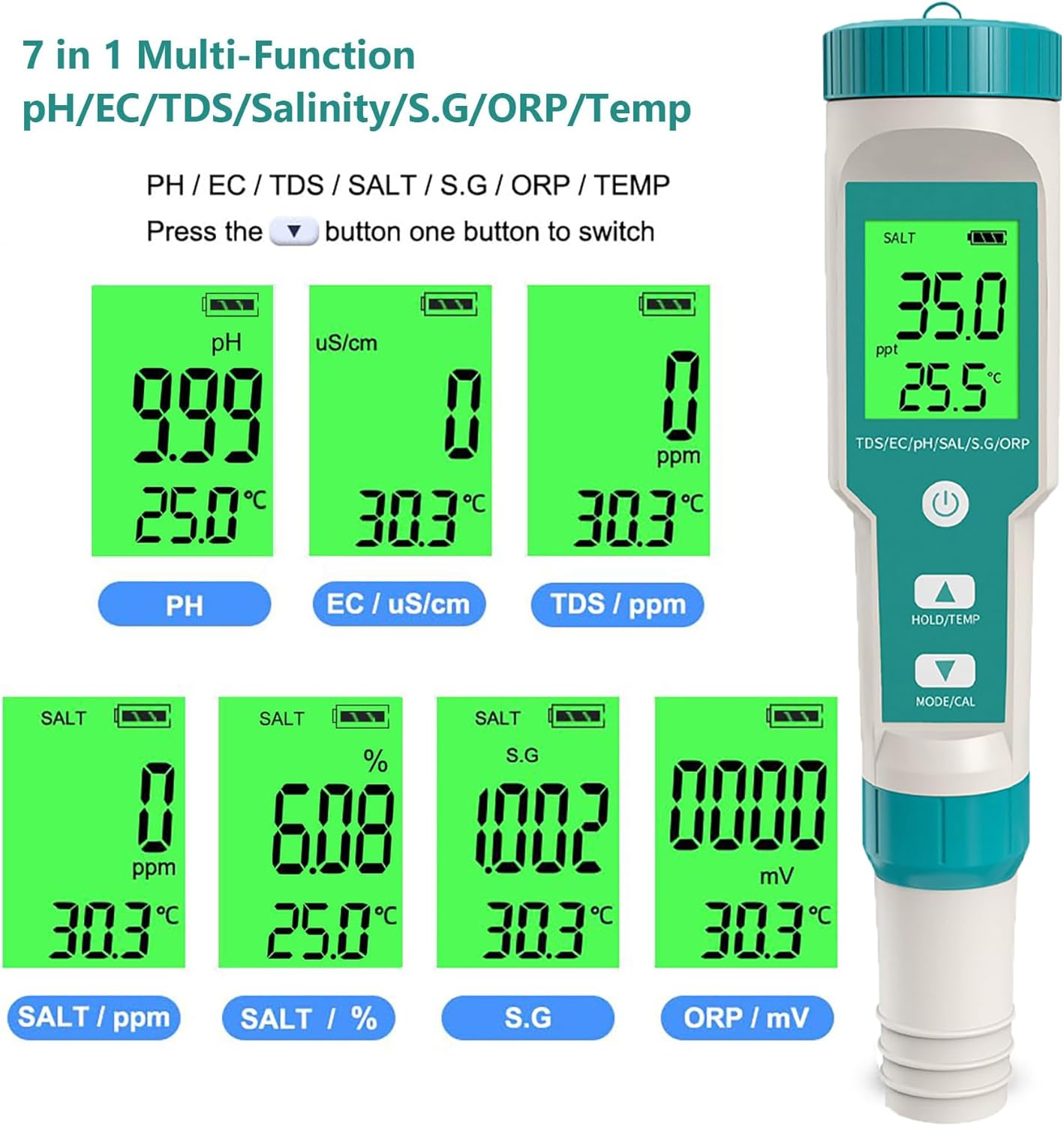 Ph Meter, 7 In-1 Ph/Tds/Ec/Orp/S.G/Salinity/Temp Meter, Digital Ph Tester with LCD Backlight Waterproof High Accuracy for Drinking Water, Hydroponics, Spas, Swimming Pool and Aquarium image number 6