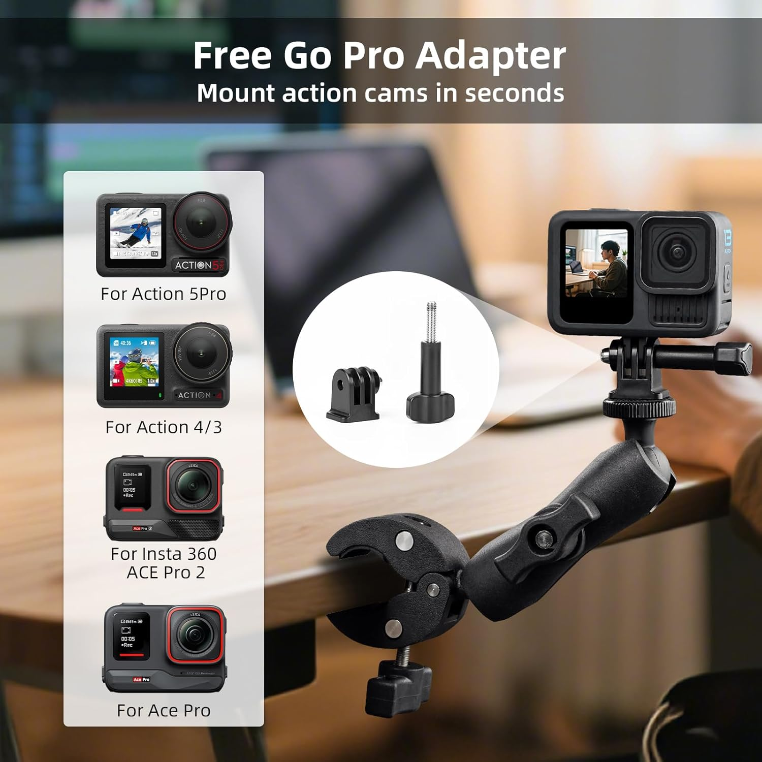 BRDRC Double Clamp Mount Umbrella Holder Camera Pole Holder for Pushchair Wheelchair Monitor Magic Socket Arm Desk Photo Studio Light Stand Photography Reflector Flag Crossbar image number 2