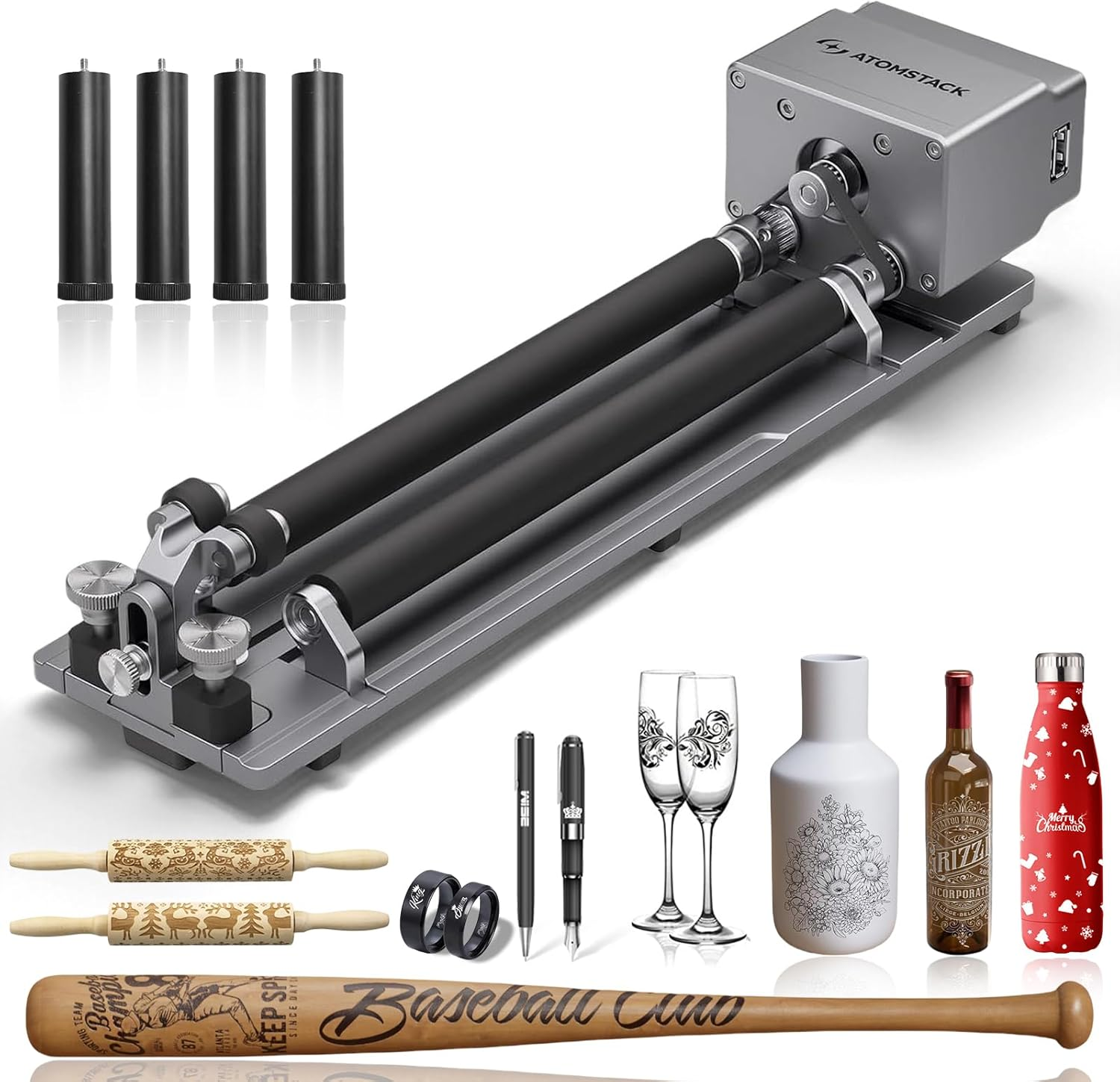 ATOMSTACK R6 Rotary Roller for P1 Laser Engraving Machine with 4 Lever Feet for Engraving on Cylinders, Cups, Pens, Pasta Bars and Cans (R6)