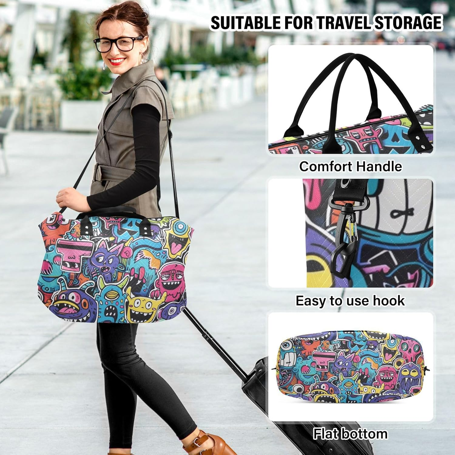 Graffiti Art Trend Play Stickers Travel Hand Bag Travel Weekender Gear Bag Sport Training Bag with Toiletry Bag for Workout Multifunctional, Graffiti Art Trend Play Stickers, One Size, Graffiti Art image number 6