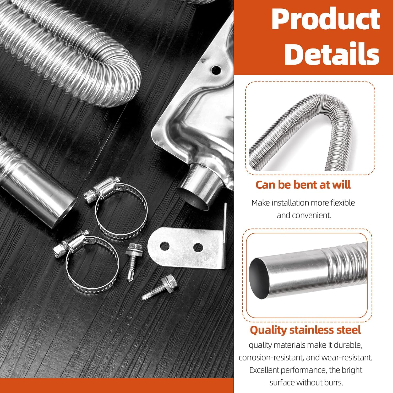 Tanstic 8Pcs Stainless Steel Diesel Heater Exhaust Pipe, Parking Air Heater Exhaust Pipe, Fuel Tank Diesel Gas Vent Hose with Muffler and Clamps (300Cm/118 Inch) image number 4