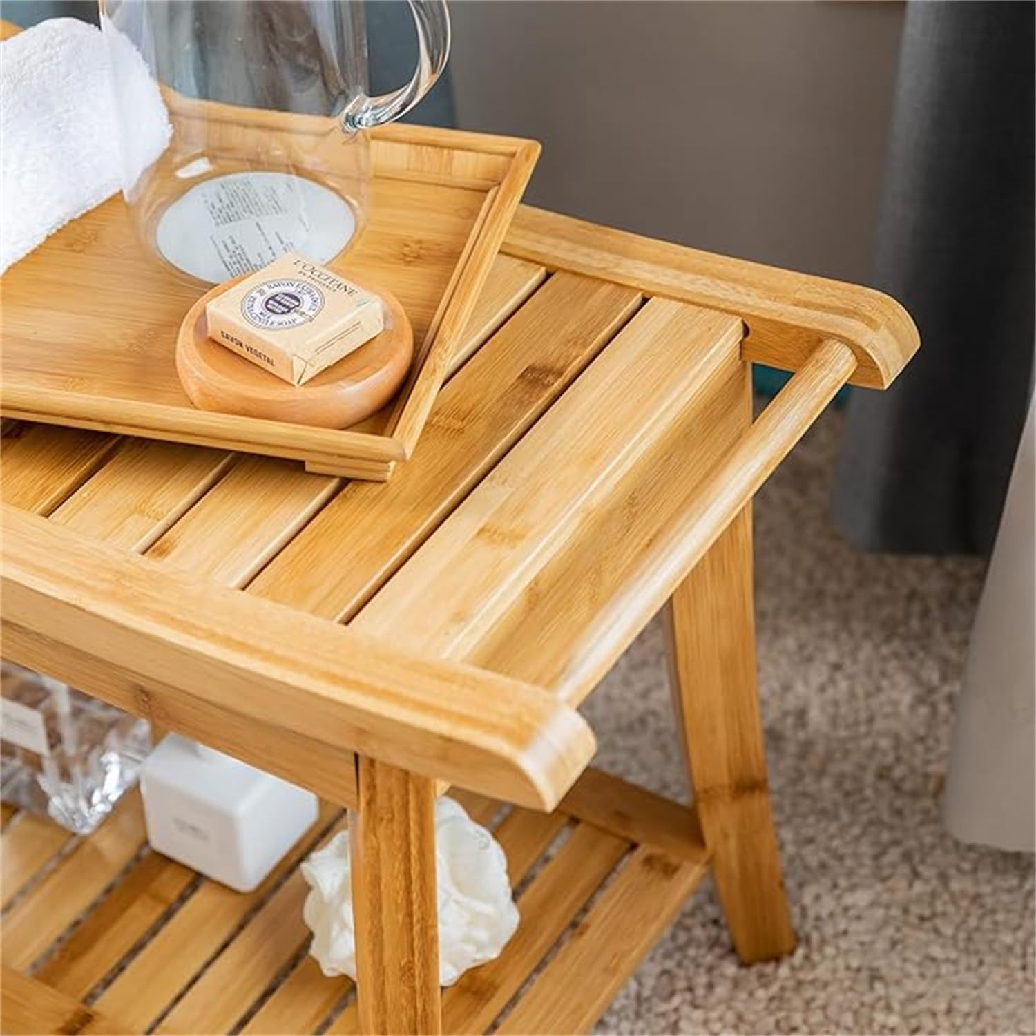 Portable Wooden Spa Bathing Stool with Storage Towel Shelf, Waterproof, Waterproof Shower Spa Chair Seat Bench Organizer Stool with Non-Slip Feet for Indoor or Outdoor(60 X 30 X 45 Cm) image number 4