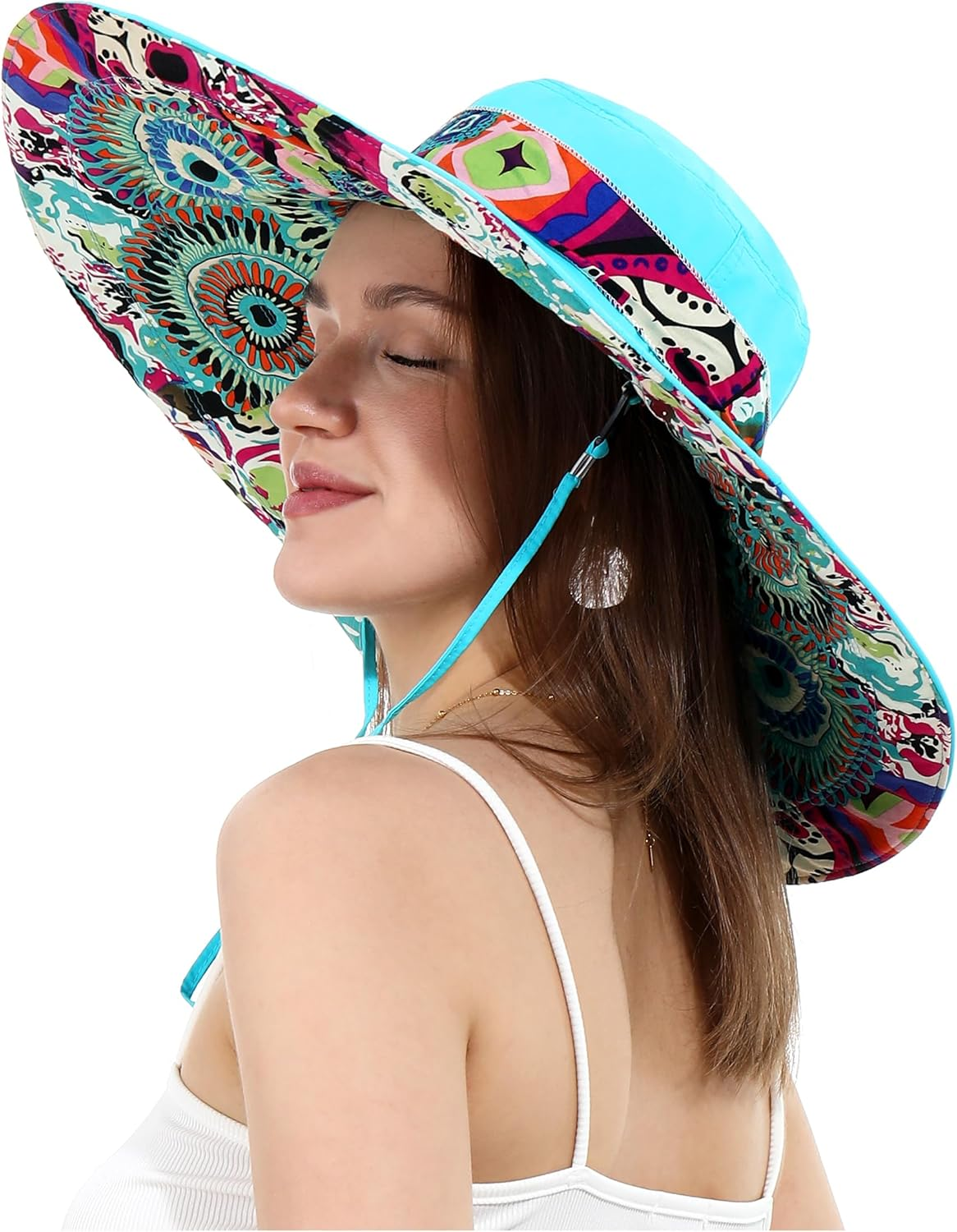 Womens Wide Brim Sun Hat Reversible Print UV Protection Oversized Beach Cap Travel UPF 50+