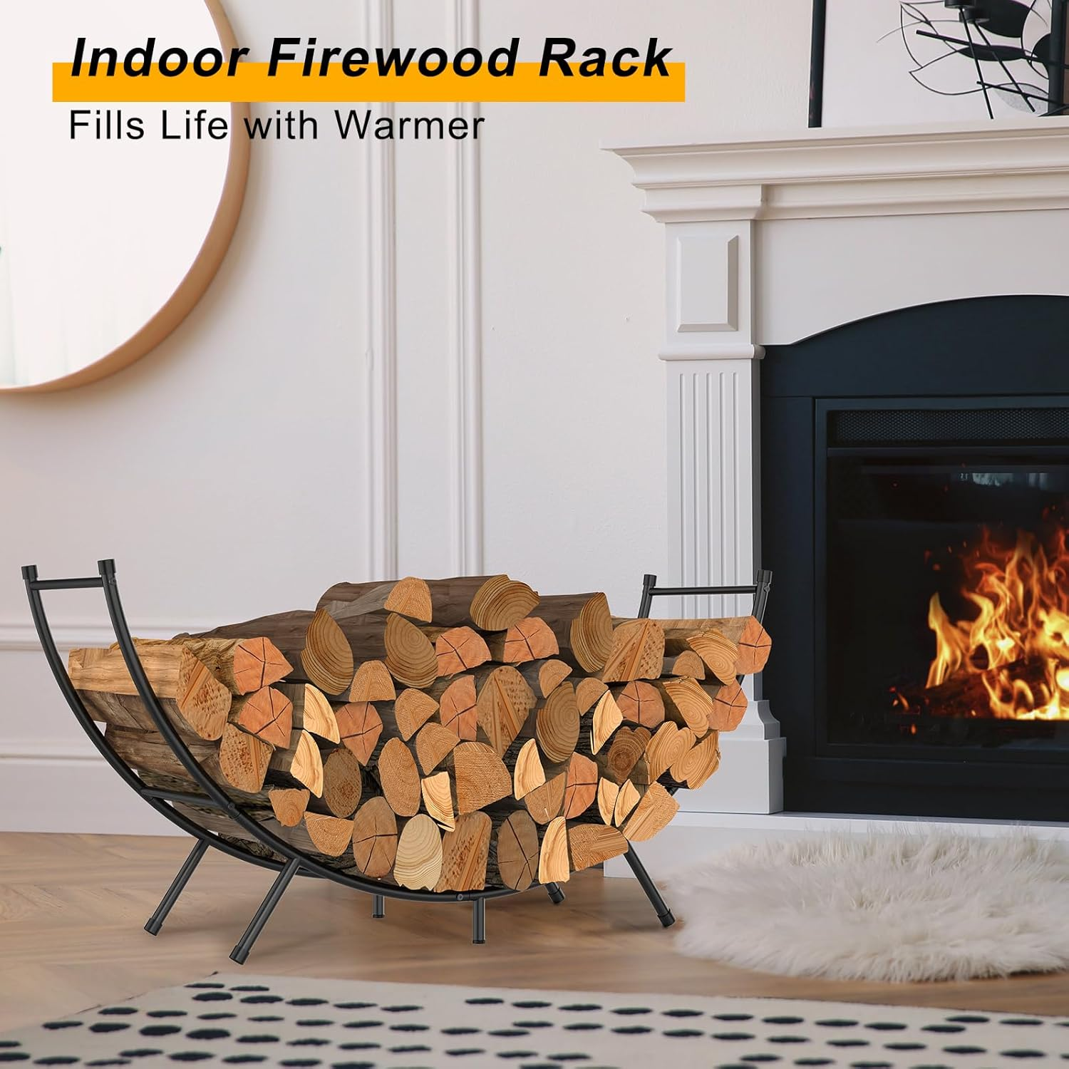 NANANARDOSO Curved Firewood Rack，48 Inches Powder-Coated Metal Fireplace Log Holder for Firewood Storage，Ideal for Indoor and Outdoor Fireplaces Wood Storage