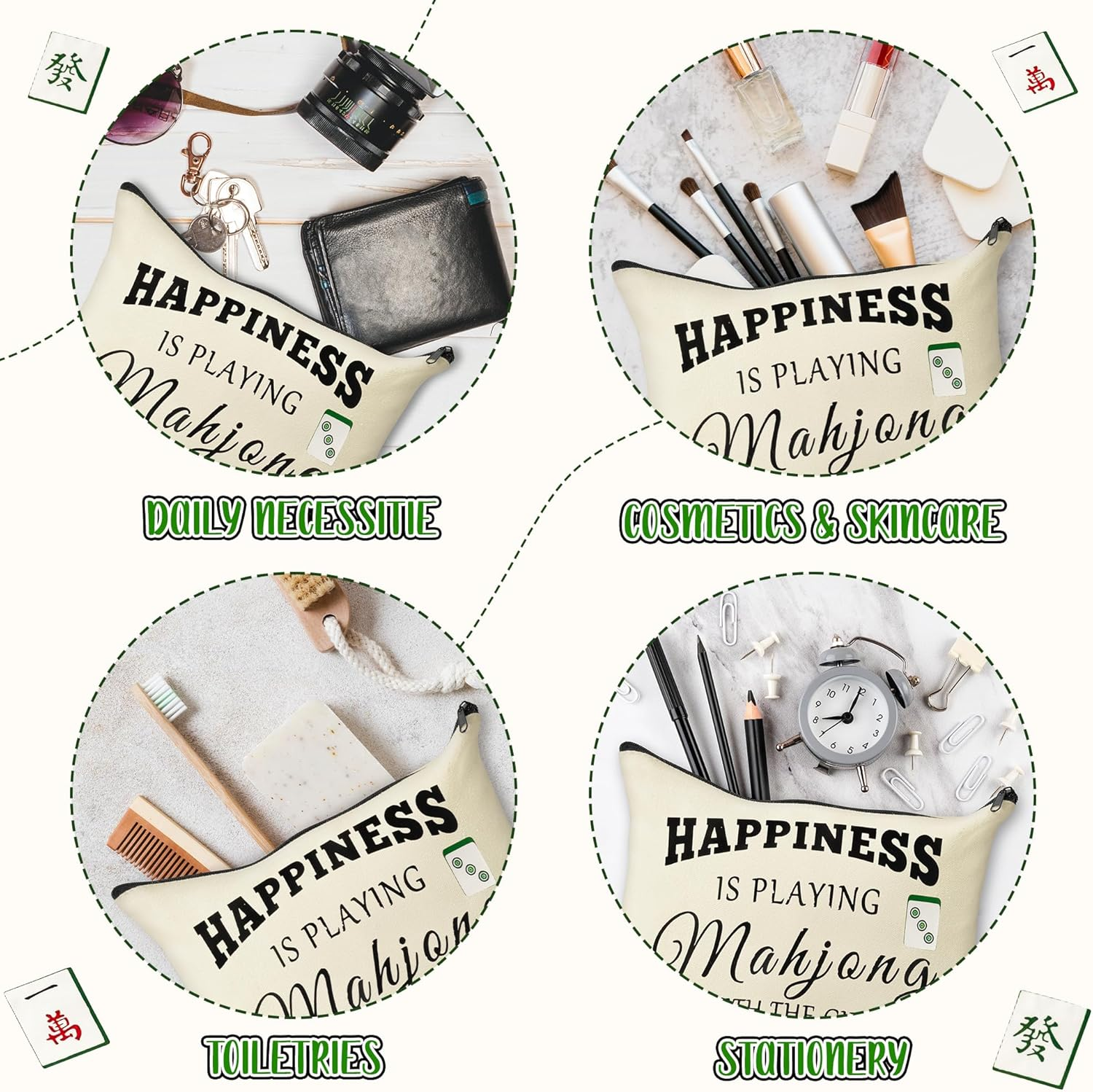 Gioxtra Funny Mahjong Tote Makeup Bag Set - 2Pcs Happiness Mahjong Gifts Tote Shoulder Bag Travel Toiletry Zipper Cosmetic Organizer Pen Purse Pouch for Game Lover Player Women Birthday Gift Supplies