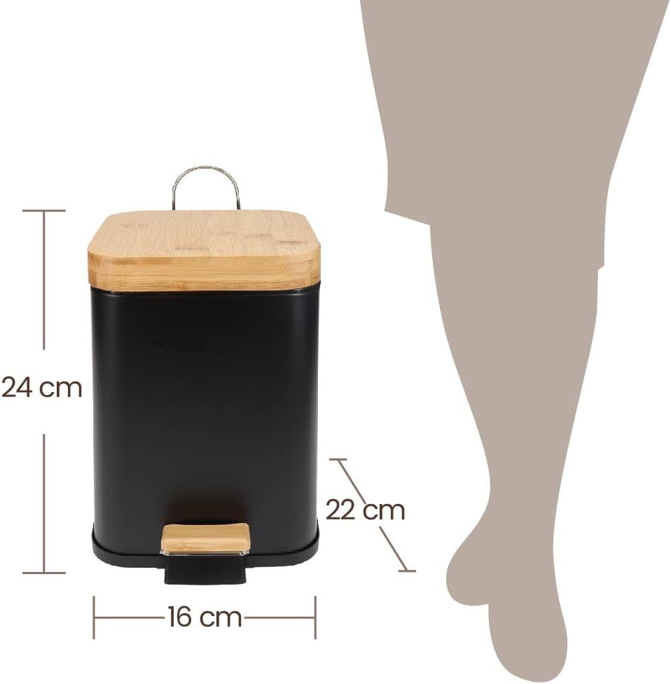 Eco Basics Rubbish Square Bin 3L, Black - Compact Bin with Recycled Plastic, Bamboo Lid & Pedal, Soft Close Quiet Operation, Space-Saving Design for Toilets, Living Rooms, & Small Spaces, 24X22X16Cm image number 3