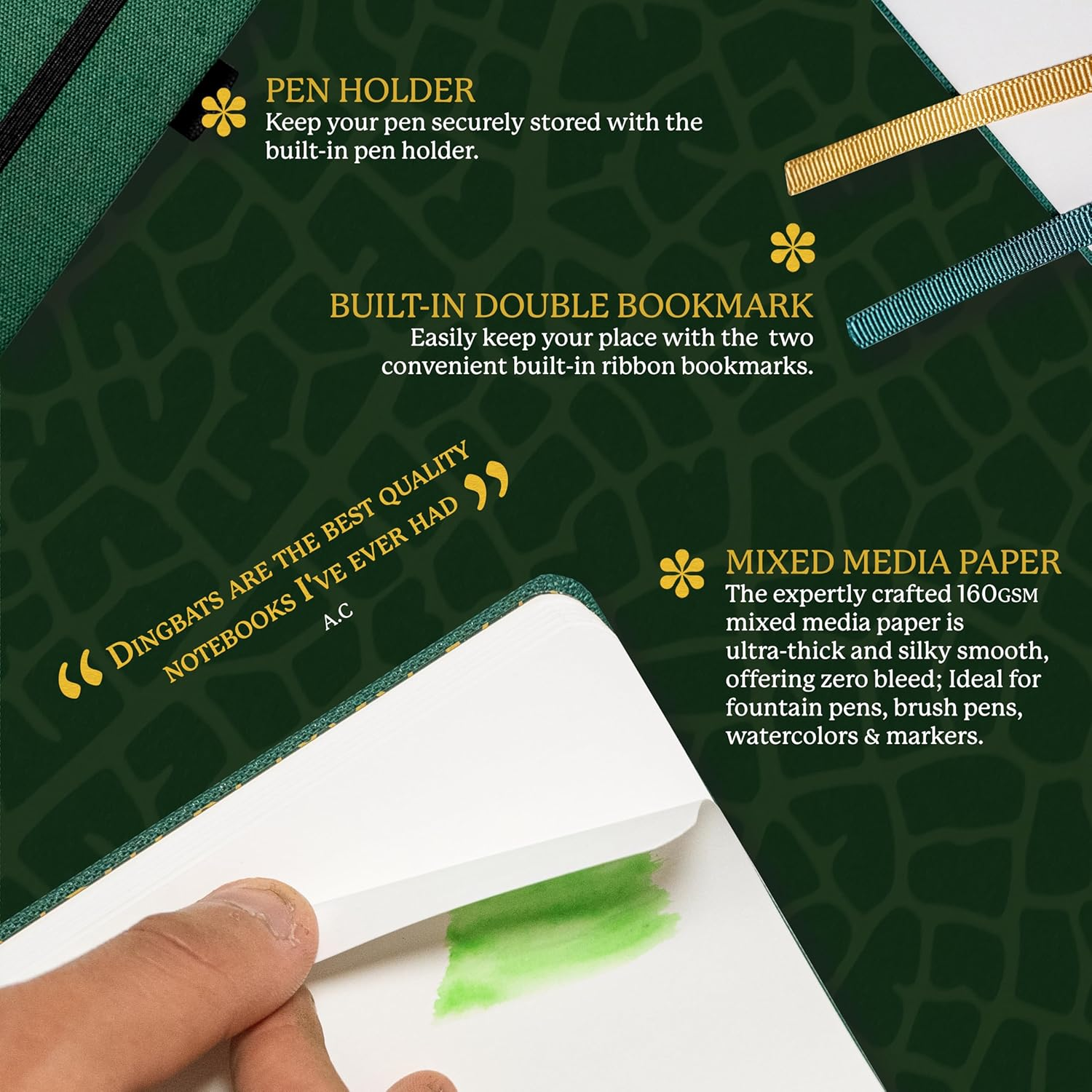 Dingbats* Pro B5 Plain Large Notebook with Gift Box - Textile Cover, Thread Stitching - Pocket, Elastic Closure, Pen Holder, Bookmark image number 3