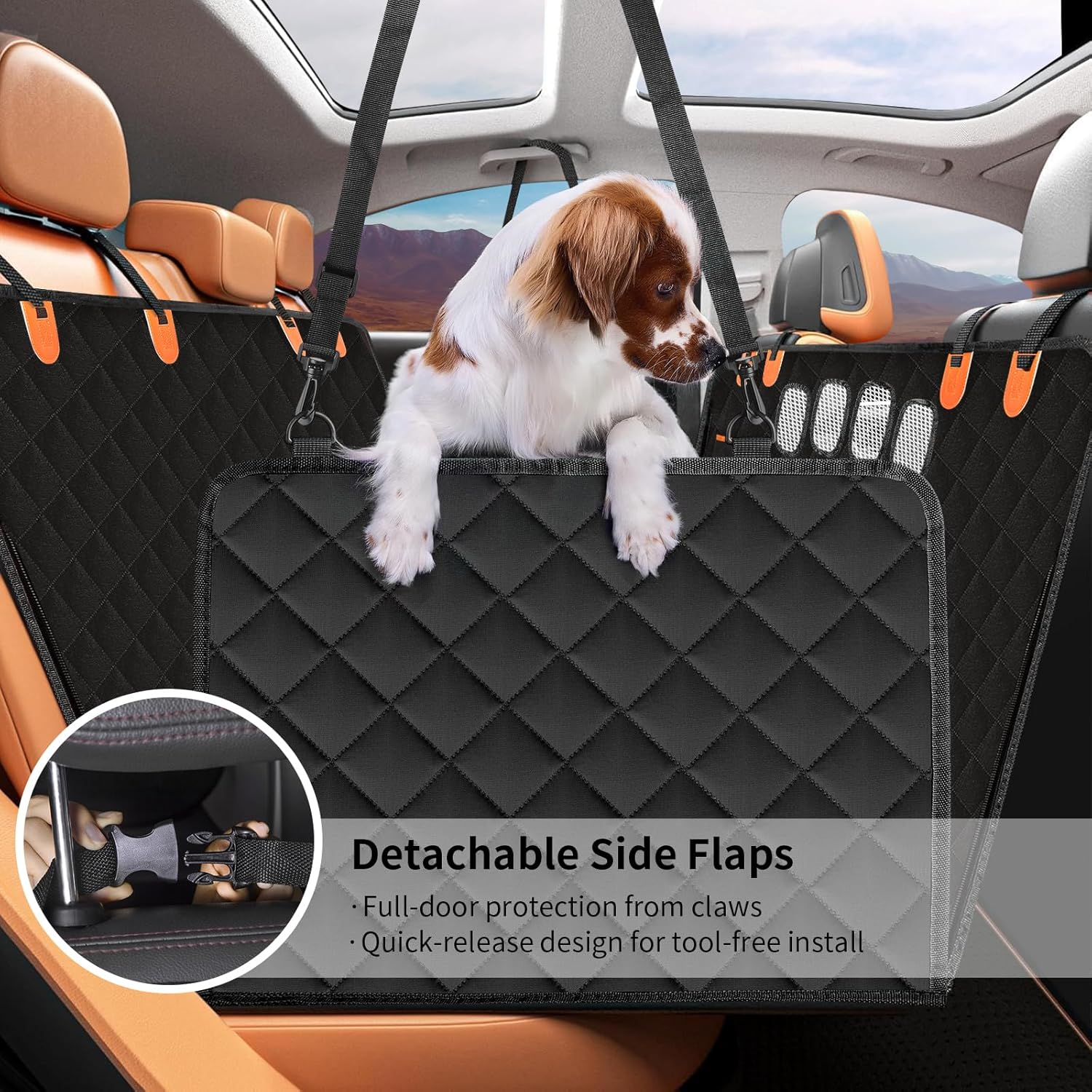Zoramey Dog Car Seat Cover for Pets, 100% Waterproof 600D Heavy Durable Dog Car Seat Hammock Scratch Proof Nonslip with Seatbelt and Side Flaps for SUV, Truck, Sedan (Black) - Orange image number 2