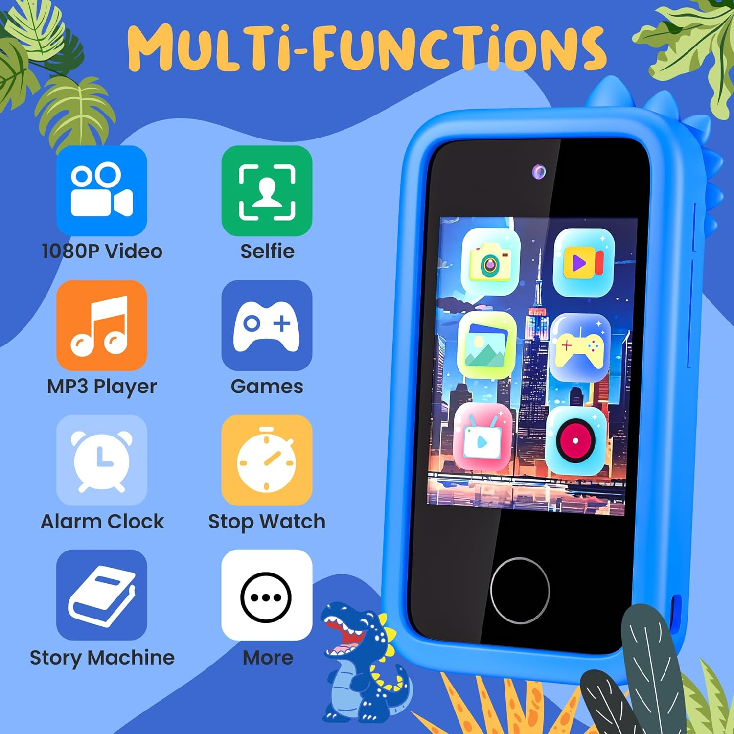 Kids Phone with Camera for Boys with Touchscreen, 32G Card Christmas Birthday Gifts for Age 3-8 Kids Dual Camera, Music Player (Blue Dinosaur) image number 1