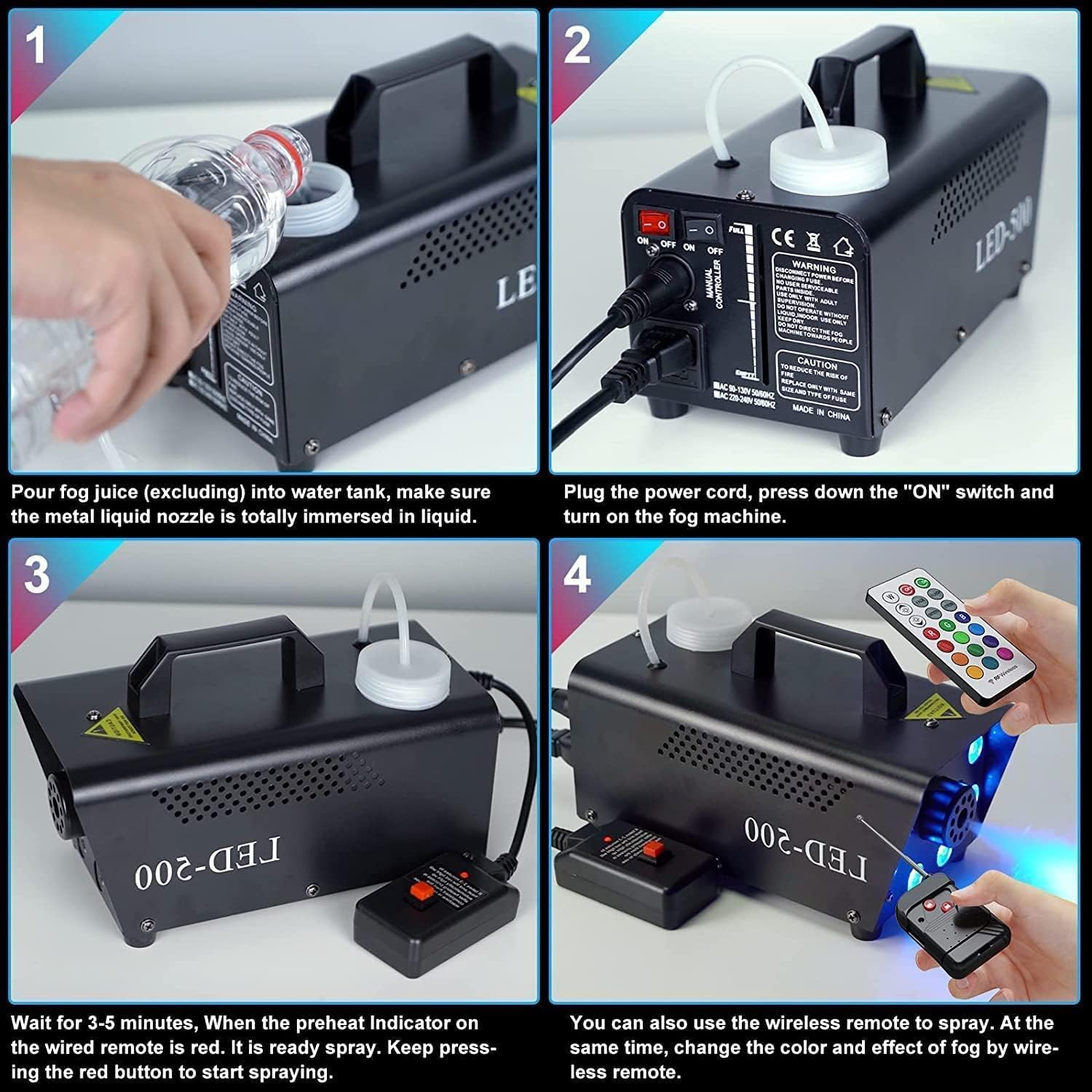 Fog Machine with 8 LED Lights,Smoke Machine with 13 Colorful LED Lights Effect,500W and 2000CFM Fog with Remote Control,Indoor, Perfect for Halloween, Party,Weddingand Stage Effect image number 6