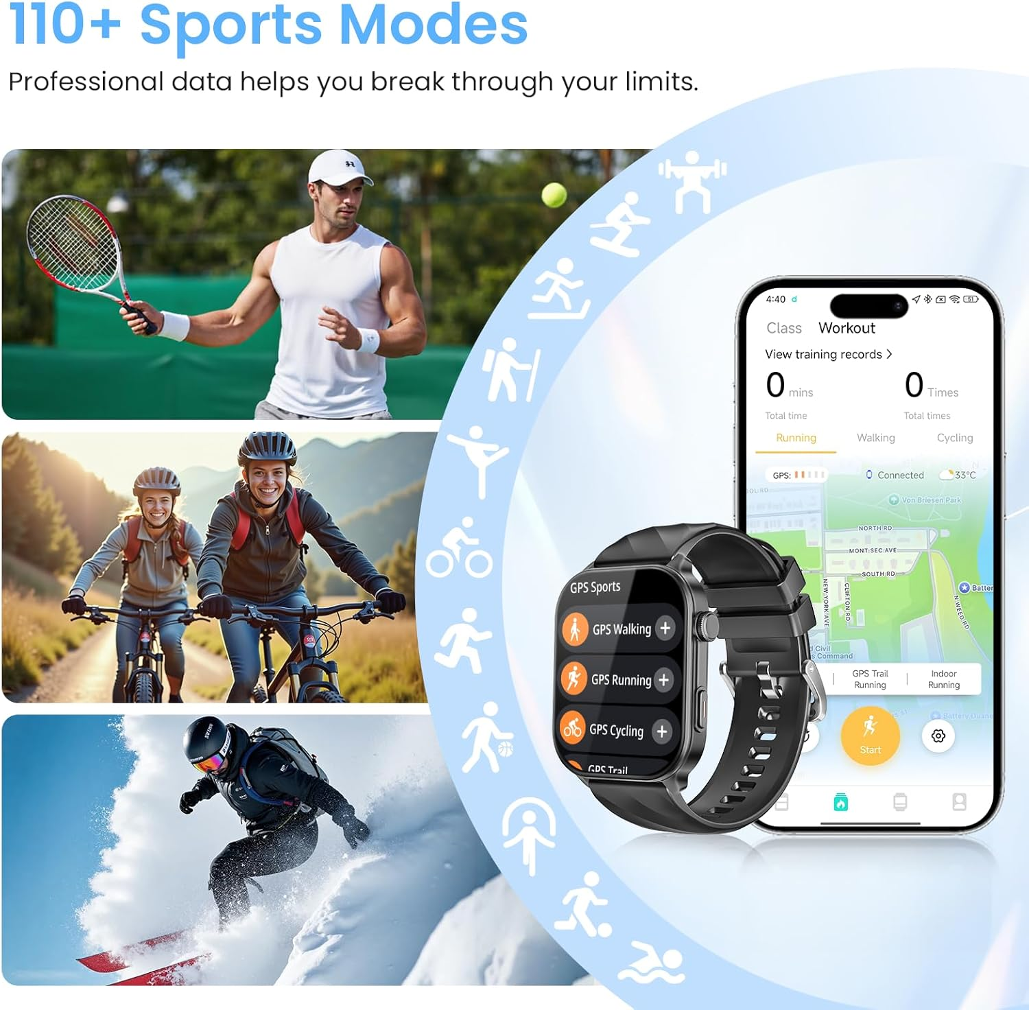 Smart Watch for Men Women Built-In GPS Fitness Tracker, 2.01" HD Touchscreen(Answer/Make Calls), 110+ Sport Modes with Heart Rate/Spo2/Sleep Monitor/, Compass, 1 ATM Waterproof, for Android Ios Black - Black image number 4